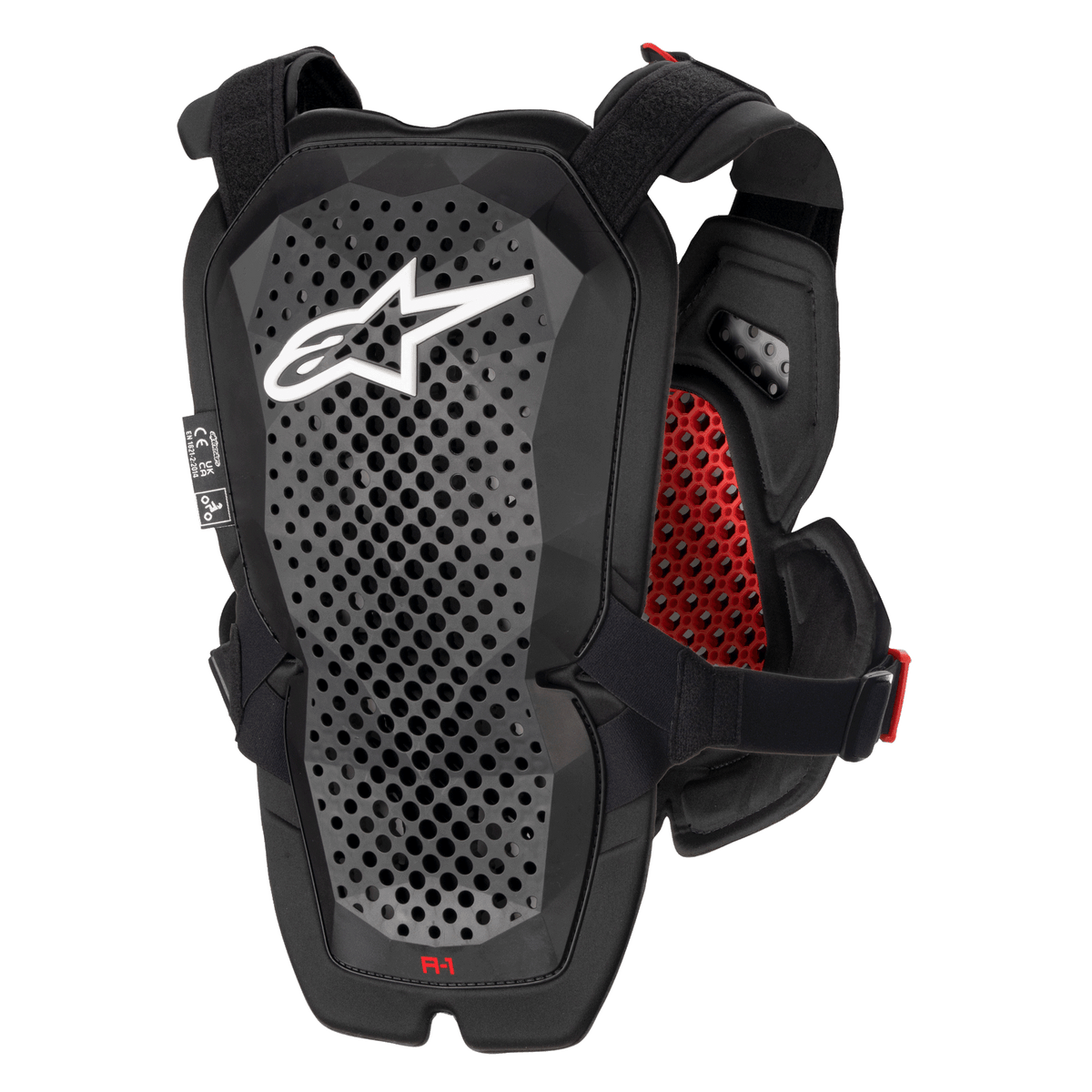 Alpinestars A-1 Pro Chest Protector, Anthracite Black and Red, rear view showing the back protector panel, perforated Polyhedron Technology for ventilation, white Astars logo, red interior honeycomb padding, off-road motorcycle protection gear