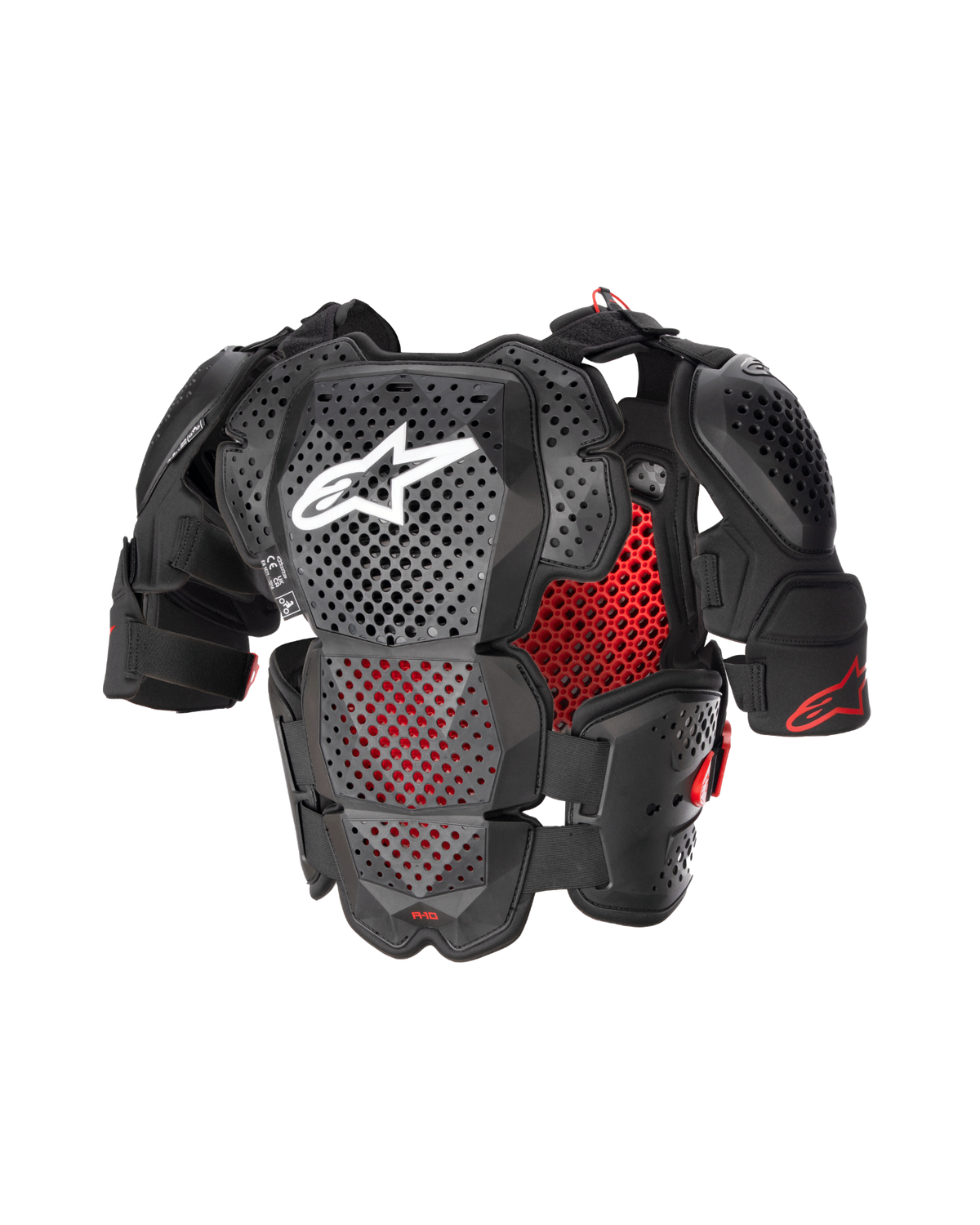 Alpinestars A-10 V2 Full Chest Protector, Motocross Body Armor, Anthracite Black and Red, featuring perforated chest and shoulder plates, red honeycomb lining, white Alpinestars logo on center chest, ultra-lightweight protective gear