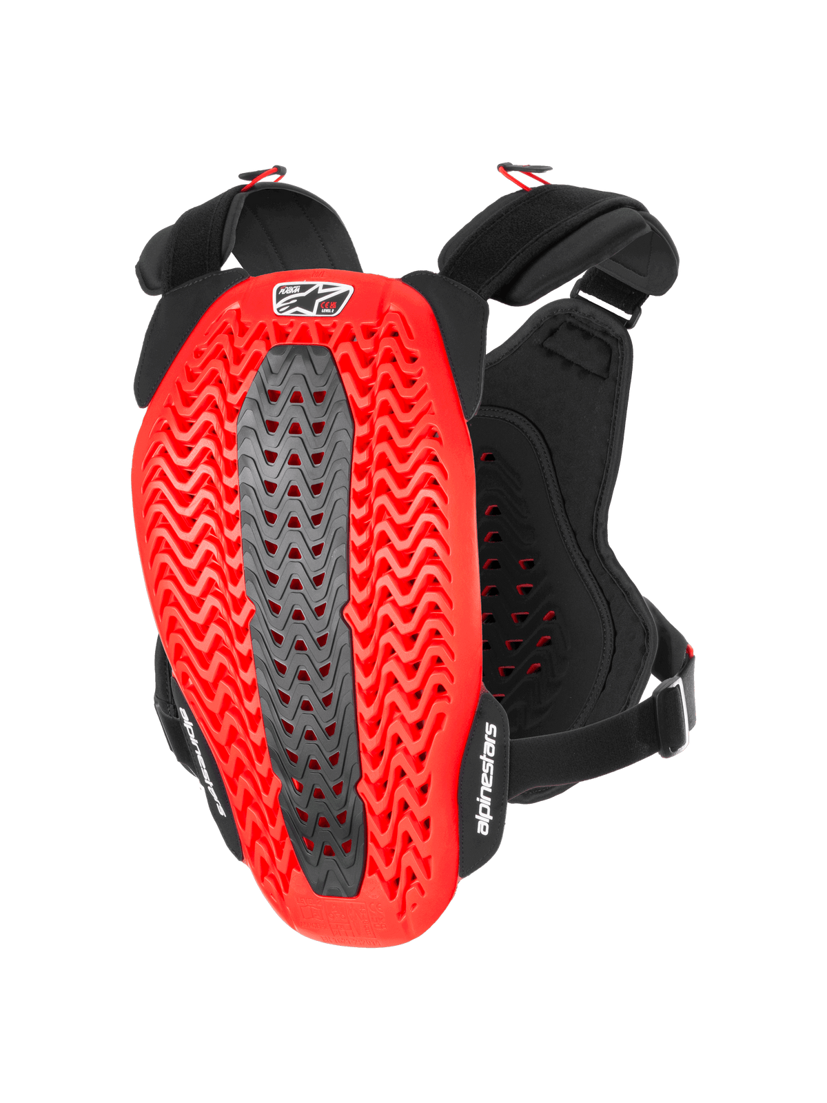 Alpinestars A-5 Plasma Chest Protector, Motorcycle Chest and Back Protector, Black and Red, back view showing red wavy perforated Nucleon PLASMA shell with a grey central zone, black adjustable straps with white logos, protective gear for motocross and off-road riding