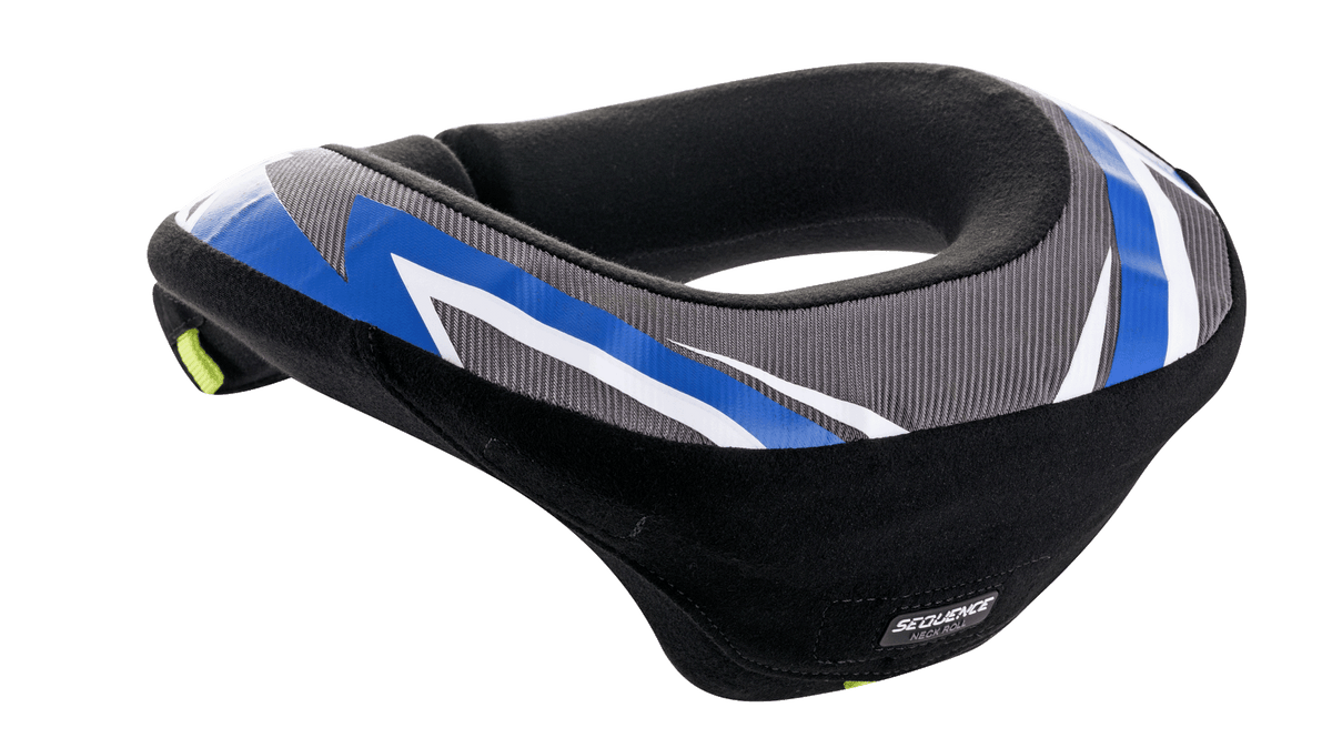 Alpinestars Youth Sequence Neck Roll, Neck Protector, Black Anthracite and Blue, ergonomic design with an extended tail for stability, grey textured panels with blue and white graphic accents, soft black inner lining, designed for youth motocross and karting safety