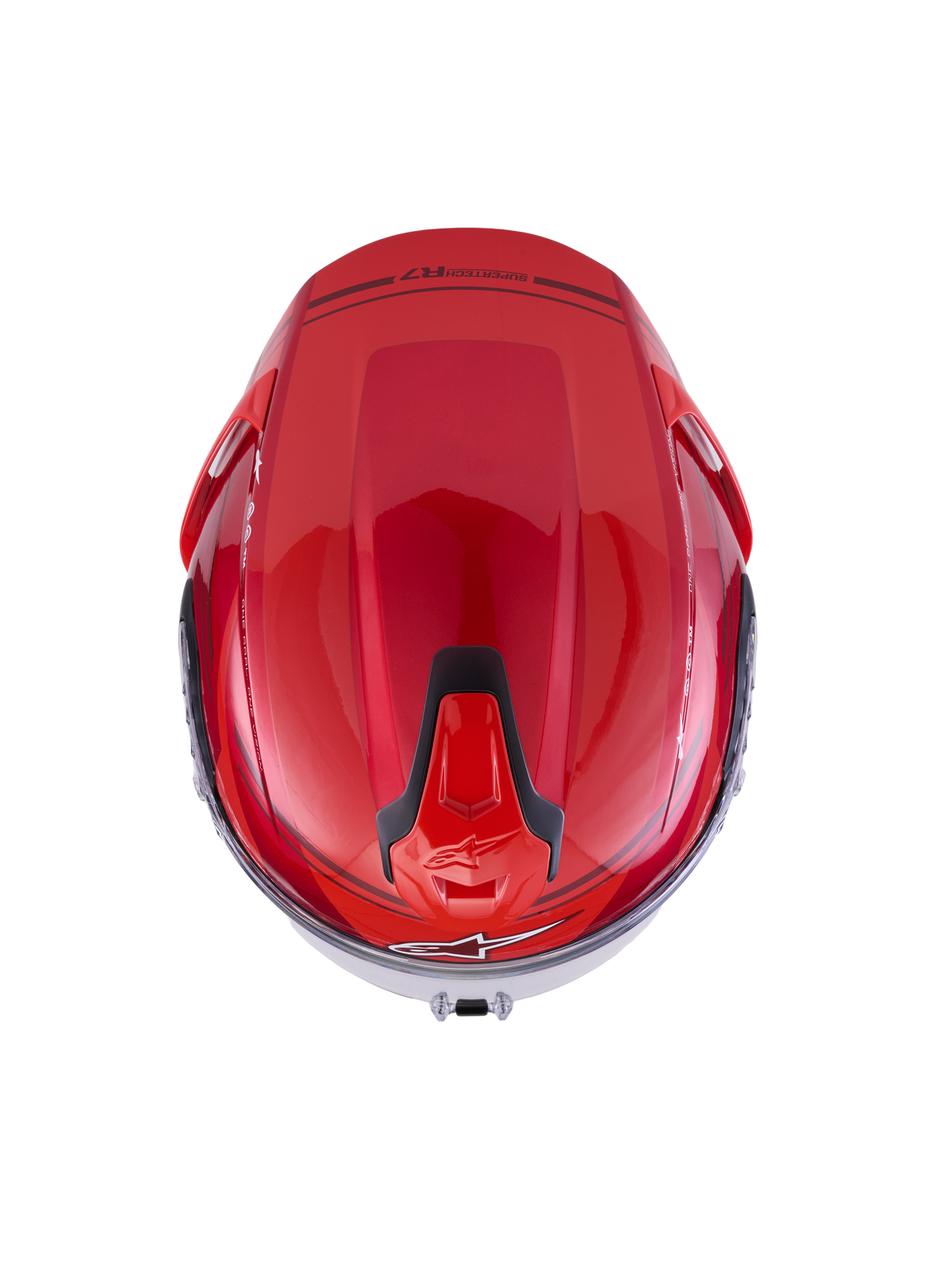 Alpinestars S-R7 A-Core Helmet ECE 22.06, motorcycle road racing helmet, top-down view showing aerodynamic carbon shell in Red White Glossy with black ventilation details