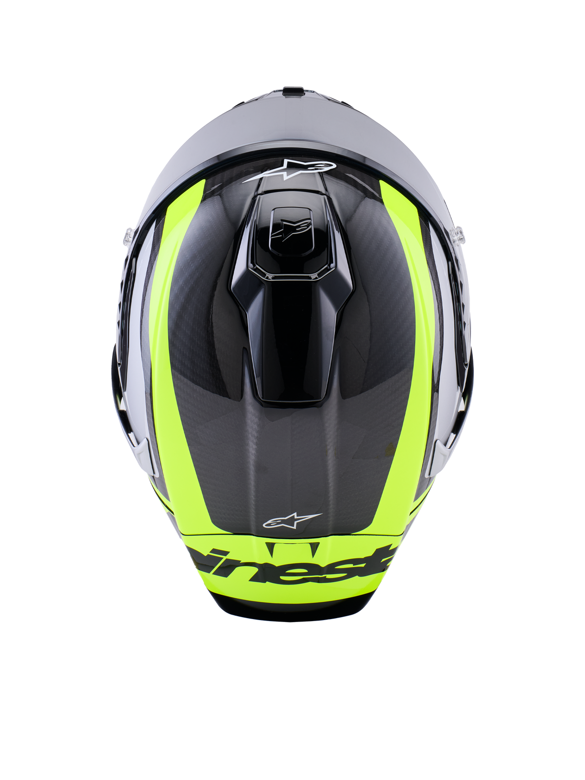 Alpinestars Supertech R10 Arius Helmet, top-down view, Black Silver and Yellow Fluo Glossy, carbon fiber shell with vibrant fluorescent yellow stripes, aerodynamic top ventilation ports, and Alpinestars branding, high-performance racing helmet