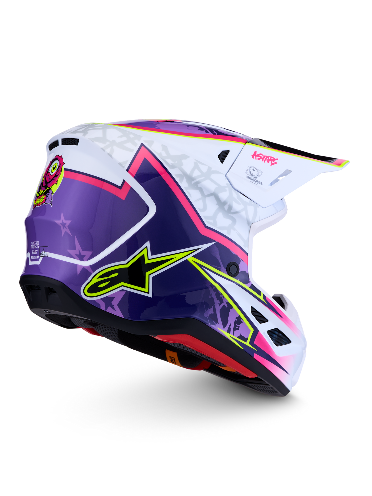 Alpinestars S-M7 Blaster Helmet, purple pink and white glossy motocross gear, aerodynamic shell, ECE 22.06 certified.