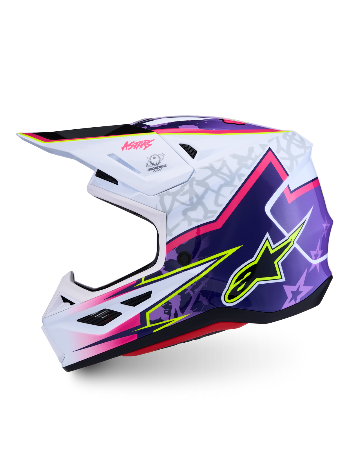 Alpinestars S-M7 Blaster Helmet ECE06, purple and pink motocross helmet, composite shell construction, ECE 22.06 certified.