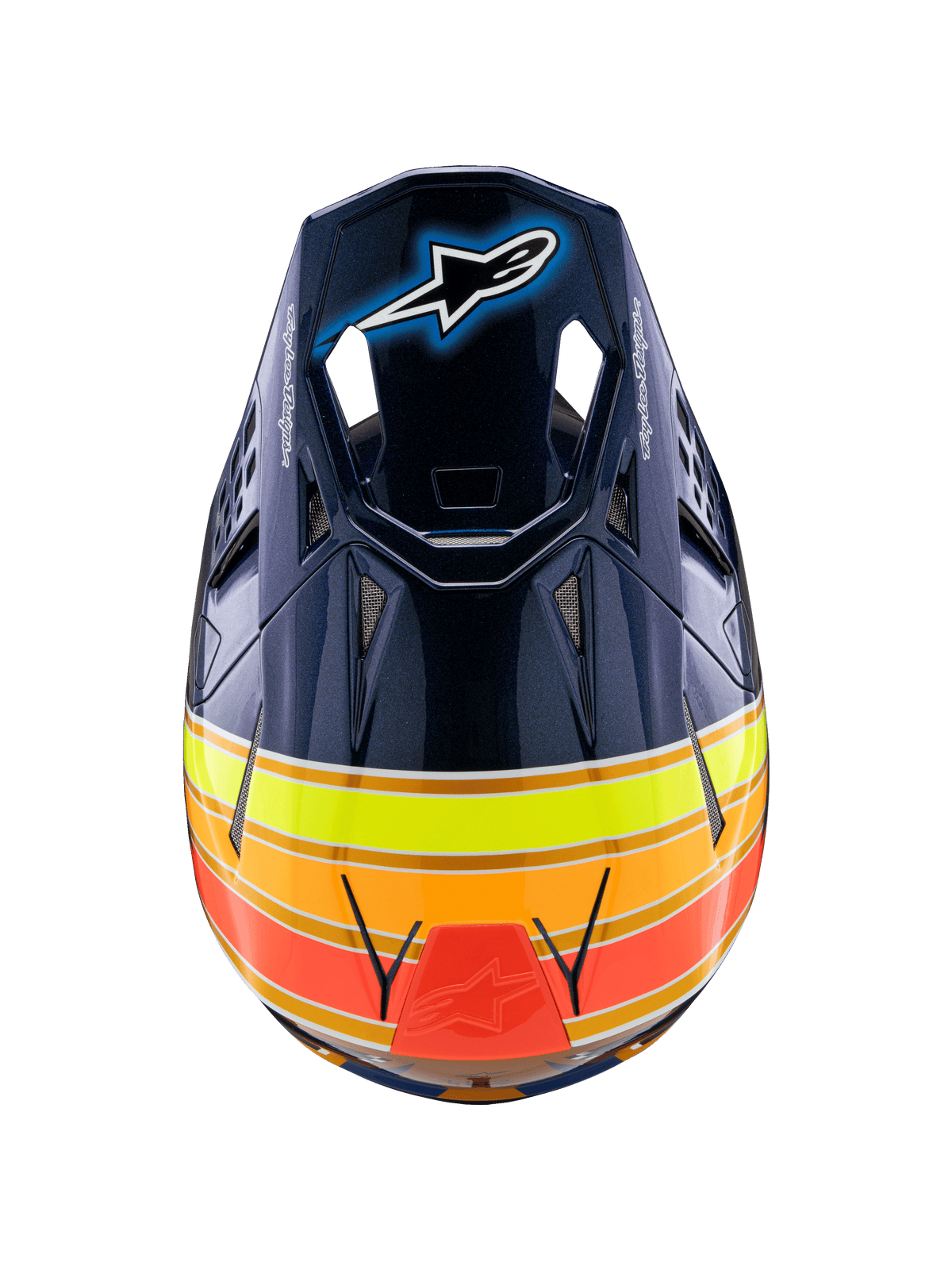 Alpinestars Supertech M10 TLD Edition 25 Helmet, Motocross Helmet, Glossy Dark Blue with Orange, Yellow Fluo, and Red stripes, top-down view showing the visor with Astar logo and mesh ventilation ports, professional off-road racing gear