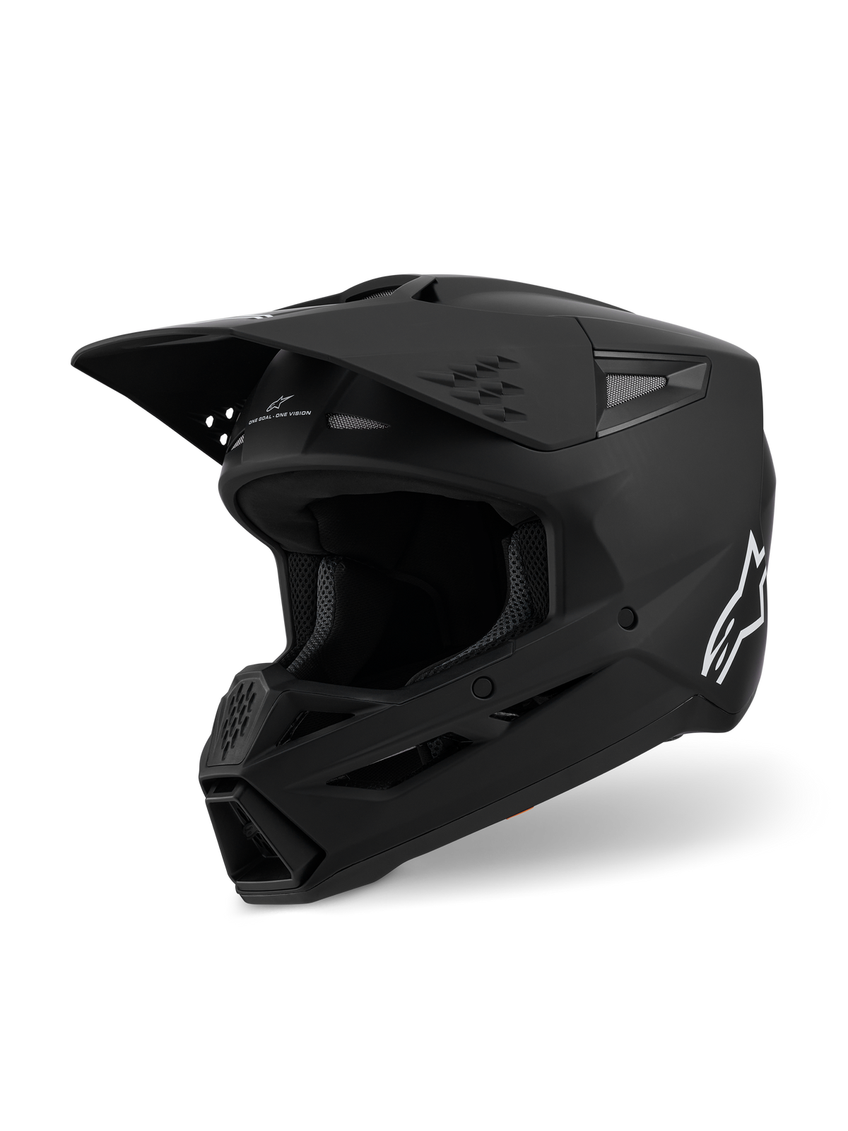 Alpinestars S-M3 Solid Helmet ECE 22.06, Motocross Helmet, Matte Black, three-quarter side view featuring a large visor and intake vents, sleek aerodynamic shell with a white Alpinestars logo, professional off-road racing gear