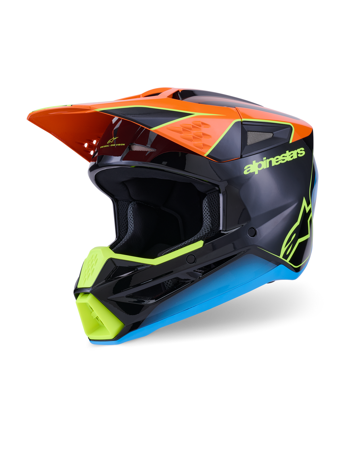 Alpinestars S-M3 Fray Helmet, Motocross Helmet, Black with Orange, Neon Yellow, and Blue accents, three-quarter view showing the aerodynamic thermo-injected shell and protective visor for off-road racing