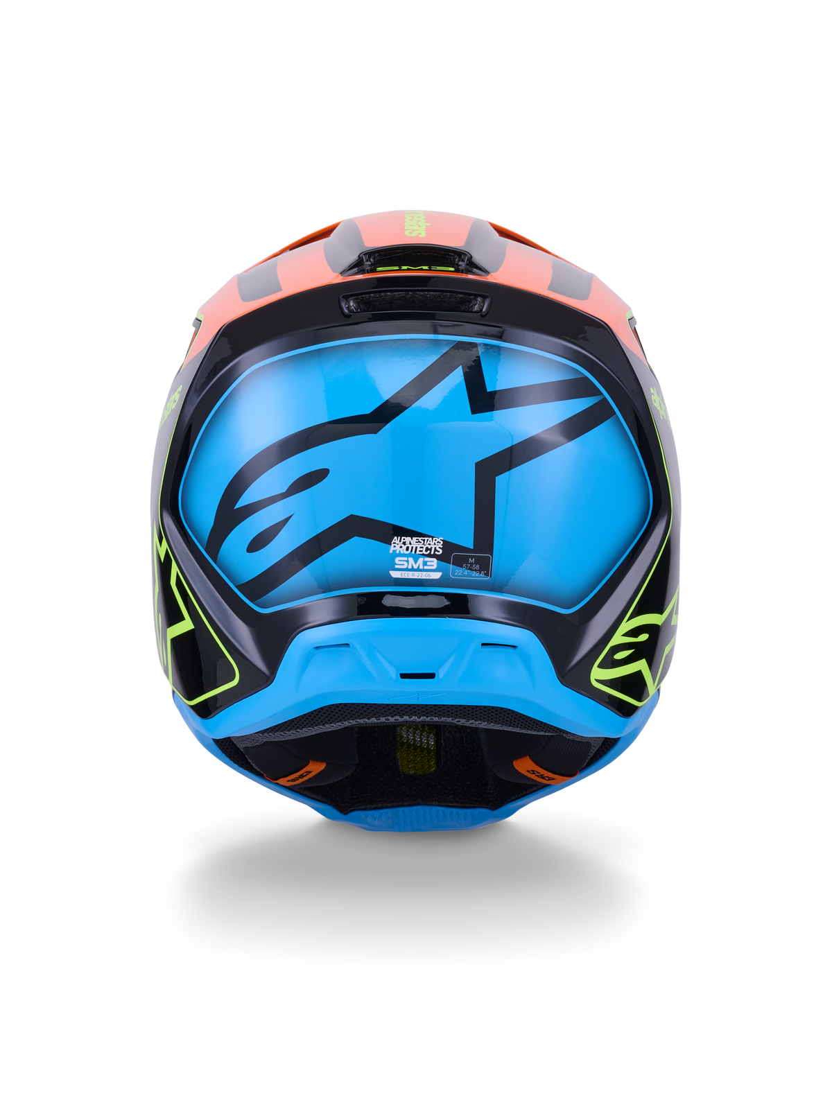 Alpinestars S-M3 Fray Helmet ECE 22.06, Motocross Helmet, Rear view, Black with vibrant Orange and Neon Yellow accents, large blue panel featuring a black Alpinestars star logo, off-road racing protection