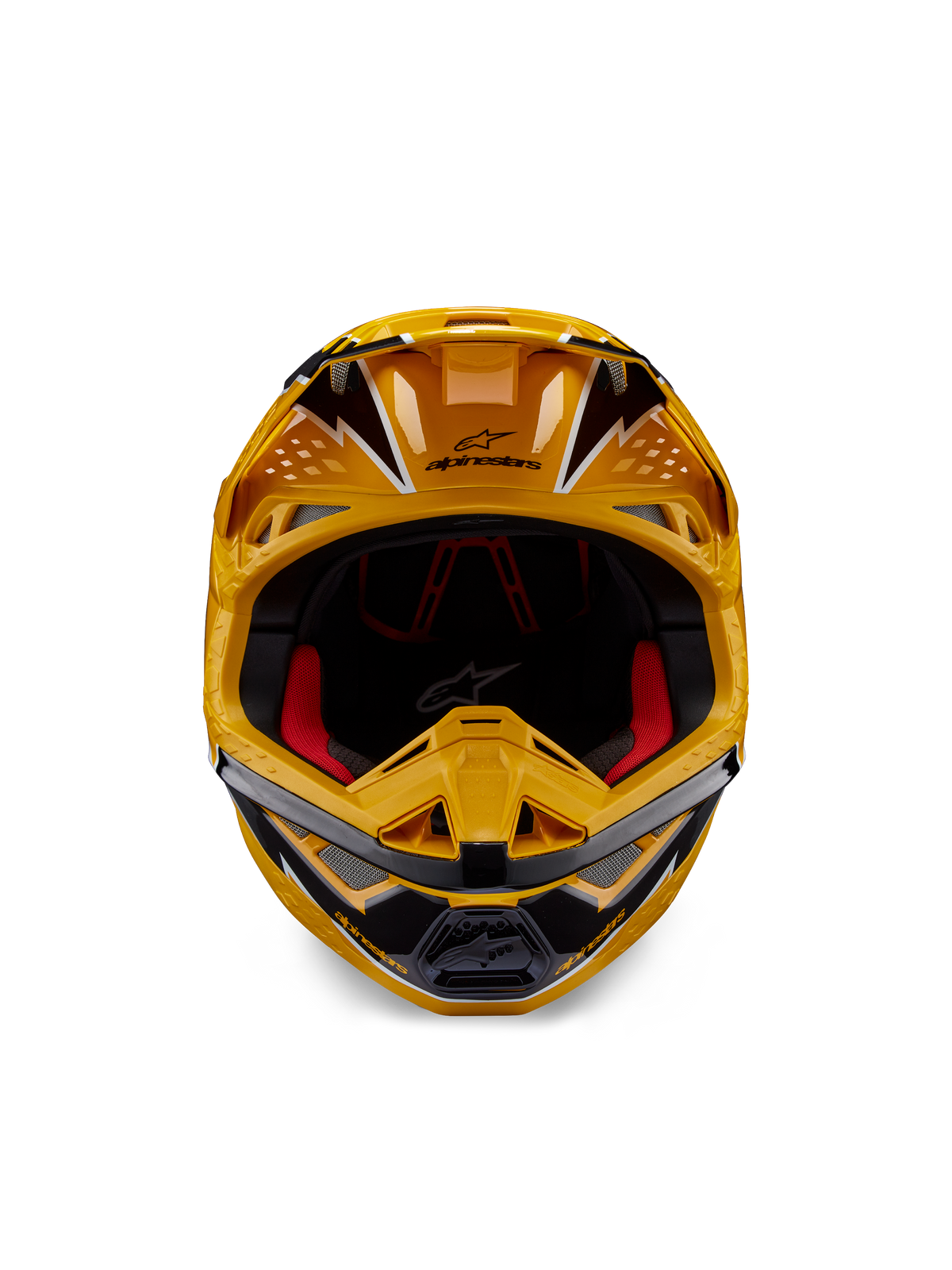 Alpinestars Supertech M10 Ampress Helmet, Motocross Helmet, Yellow and Black Glossy, Frontal view showing bold angular graphics, Alpinestars logo on peak, red interior padding, aerodynamic shell for professional motocross racing