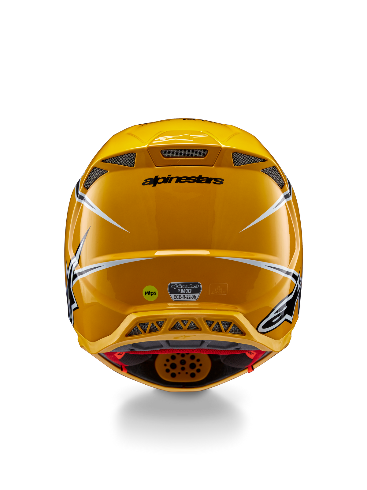 Alpinestars Supertech M10 Ampress Helmet, Rear view, Glossy Yellow with black and white accents, featuring rear exhaust vents, MIPS and ECE 22.06 stickers, professional motocross head protection