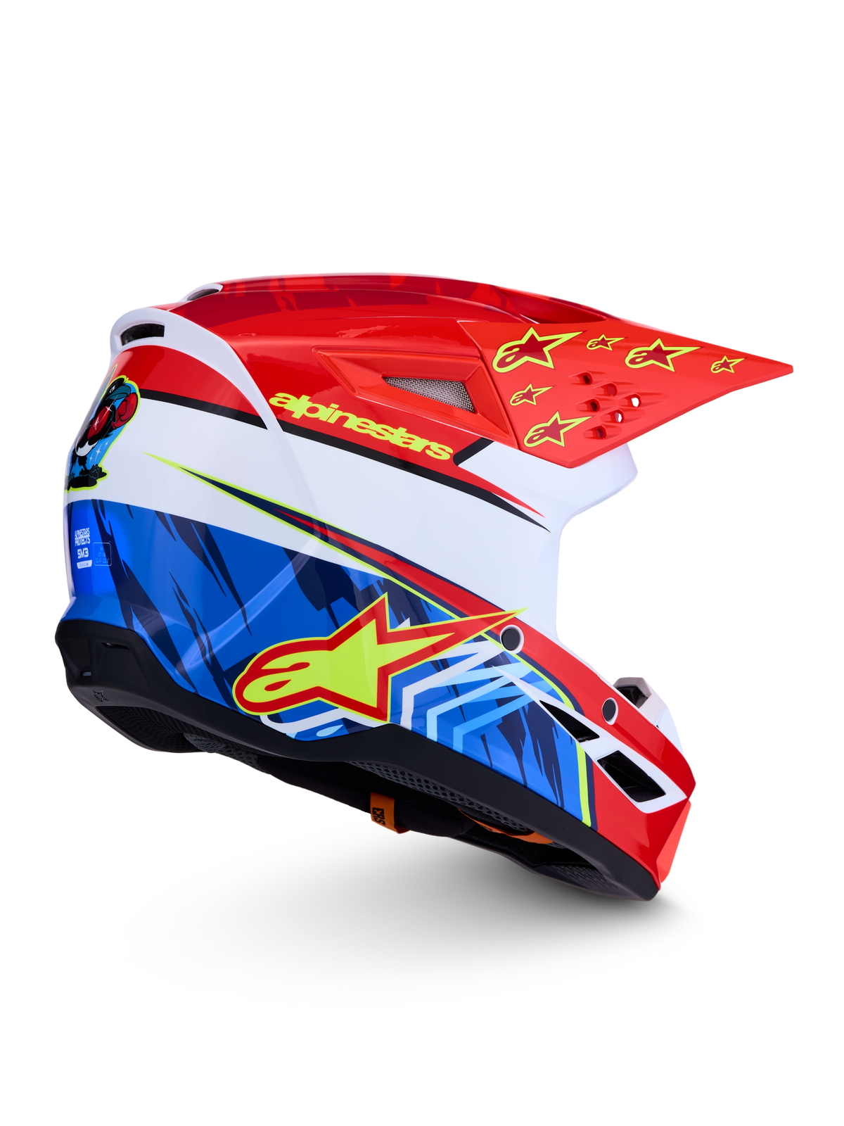 Alpinestars SM3 Falcon Helmet ECE06, red and blue motocross helmet with yellow stars and ECE 2206 certification.