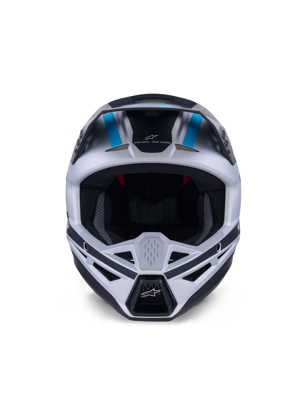 Alpinestars S-M3 Heat Helmet, Motocross Helmet, Silver Blue and Black Matt, front-facing view highlighting the ventilation system, large eye port, and interior mesh padding, featuring the brand slogan 'ONE GOAL ONE VISION' on the forehead.