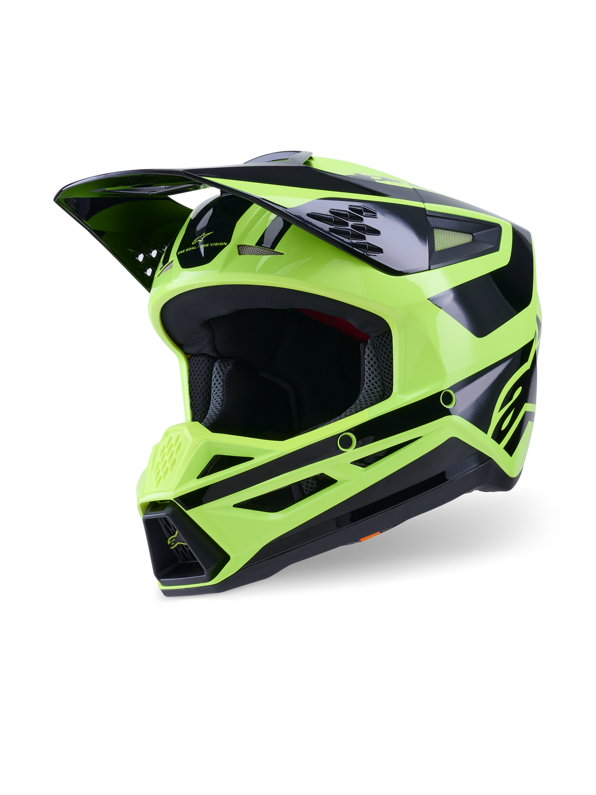 Alpinestars S-M3 Heat Helmet, Motocross Helmet, Yellow Fluo and Black Glossy, featuring an aerodynamic shell with a large peak, multiple ventilation intake ports, and aggressive chin bar styling, high-performance off-road head protection