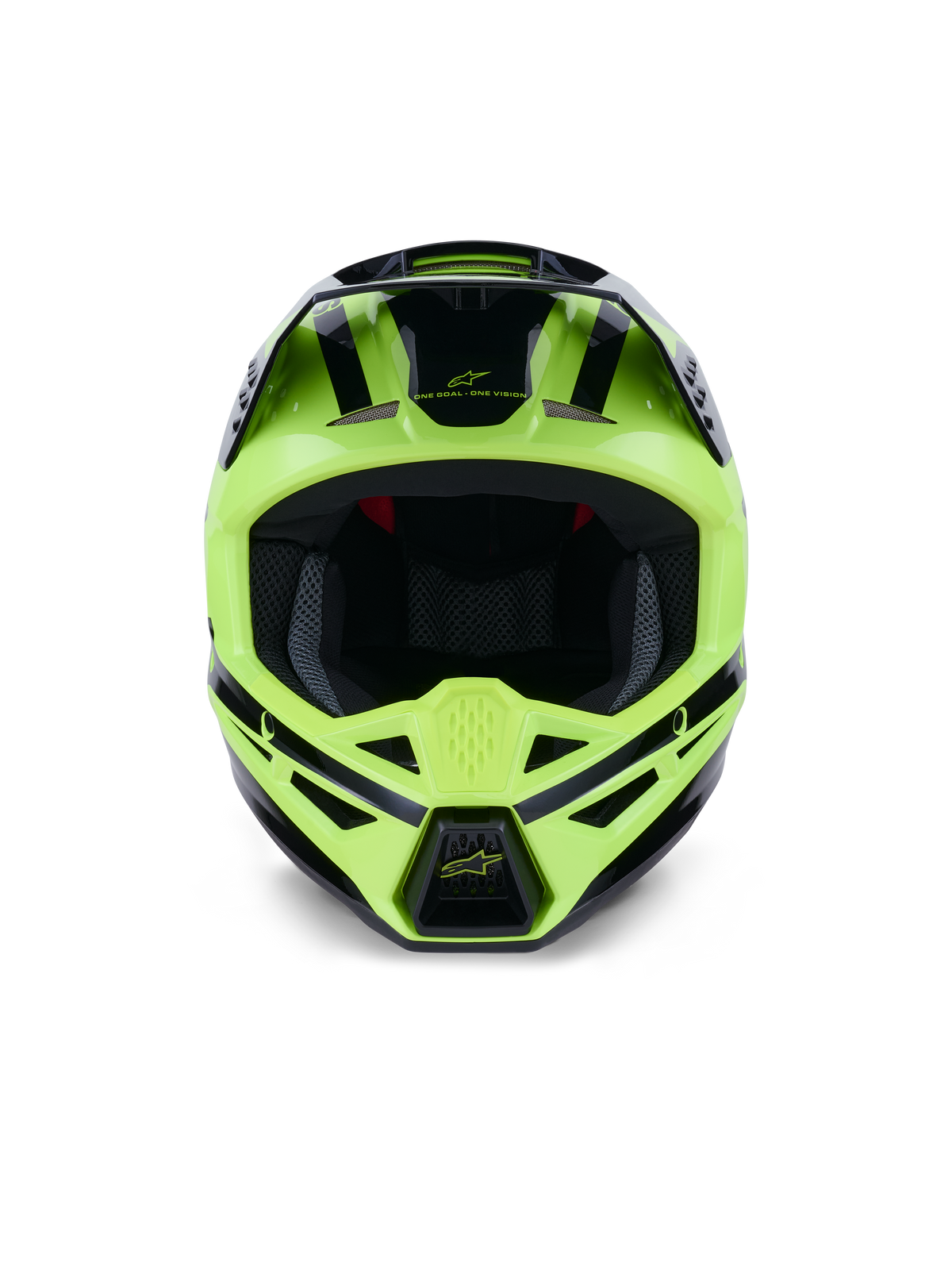 Alpinestars S-M3 Heat Helmet, front view, Yellow Fluo and Black Glossy, professional motocross and off-road helmet, featuring ventilated chin bar and sleek aerodynamic design with black accents.