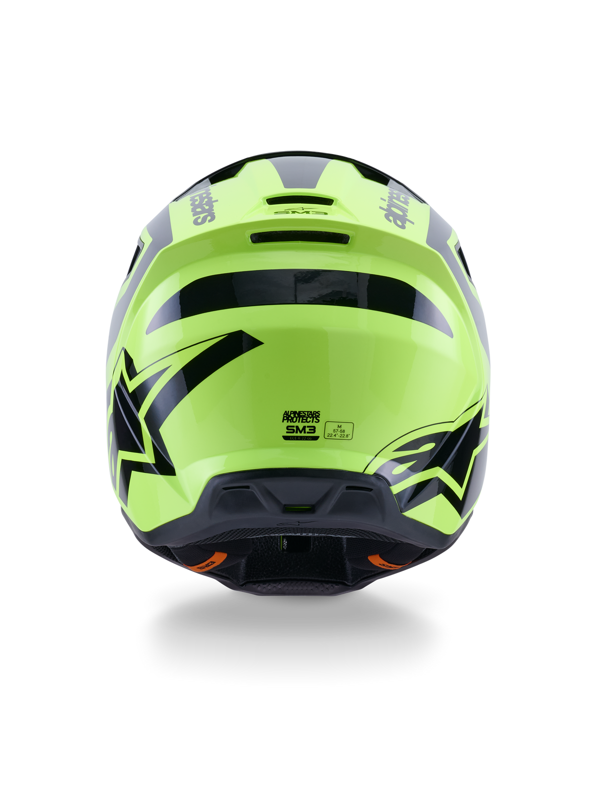 Alpinestars S-M3 Heat Helmet, Motocross Helmet, Yellow Fluo and Black Glossy, rear view featuring bold black graphics and Alpinestars logos, aerodynamic shell with integrated ventilation ports, high-visibility off-road gear