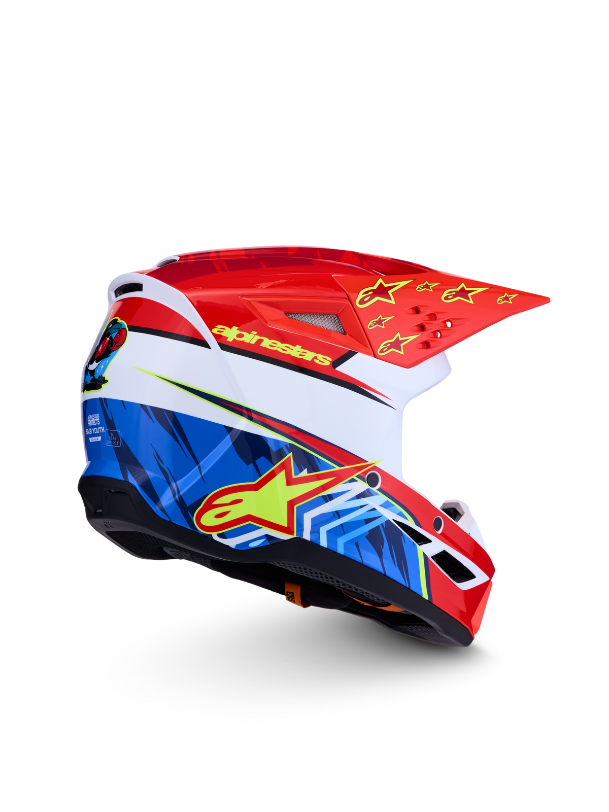 Alpinestars SM3 Falcon Youth Helmet ECE06, red and blue motocross helmet with yellow star graphics, ECE 2206 certified.