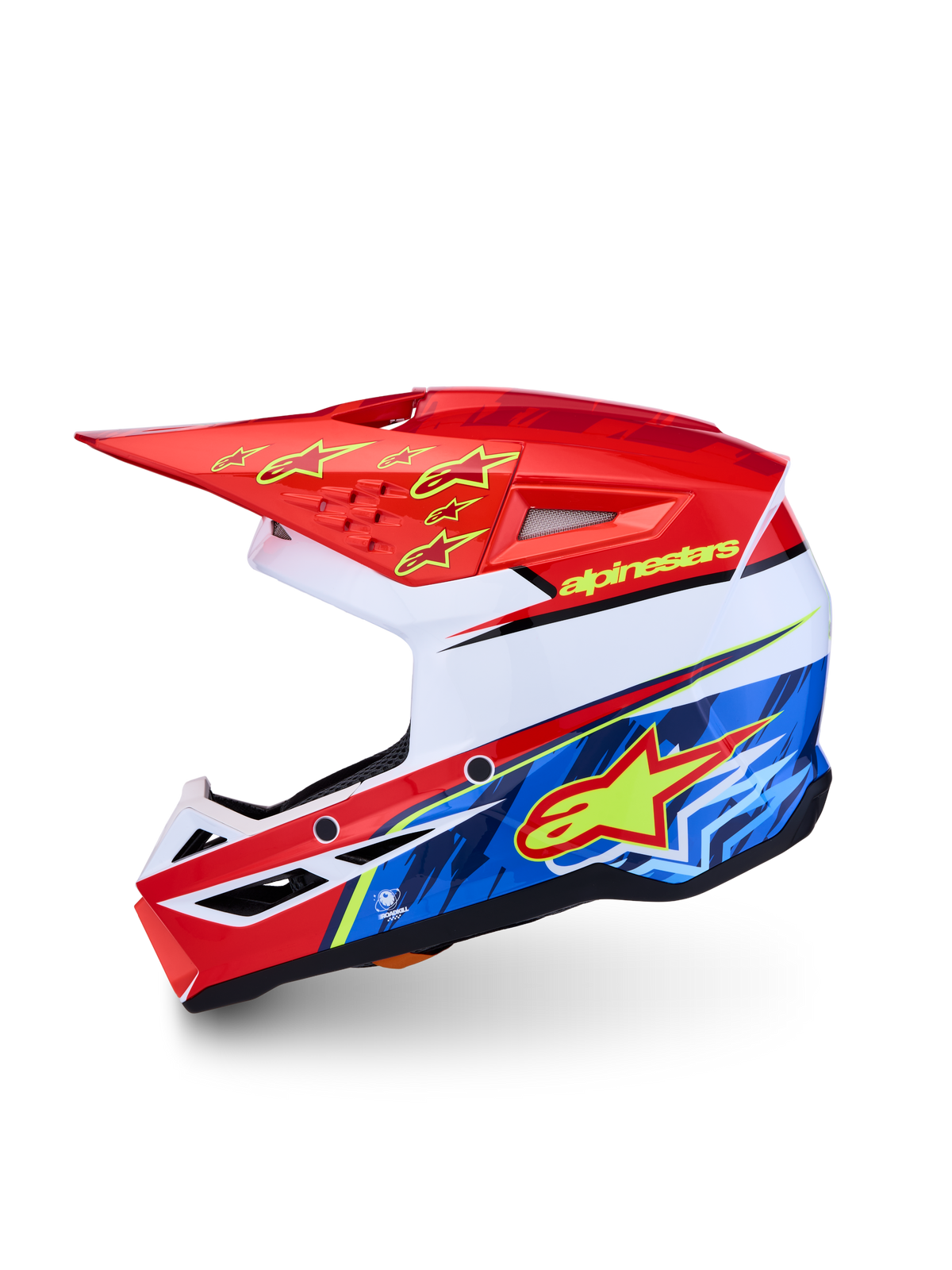 Alpinestars SM3 Falcon Youth Helmet ECE06, red and blue youth motocross helmet with a lightweight thermoplastic shell.