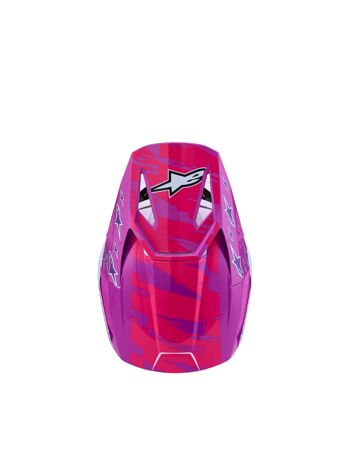 Alpinestars SM3 Youth Falcon Helmet ECE06, youth motocross helmet in purple and pink fluo with white star graphics.