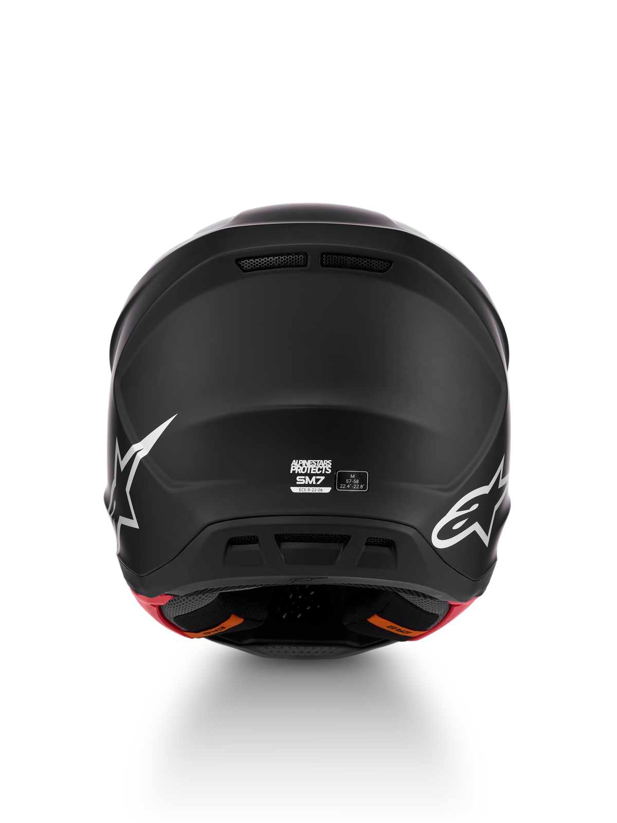 Alpinestars S-M7 Solid Helmet ECE06, Rear View, Matte Black Motocross Helmet, Size M, ECE 22.06 Certified.