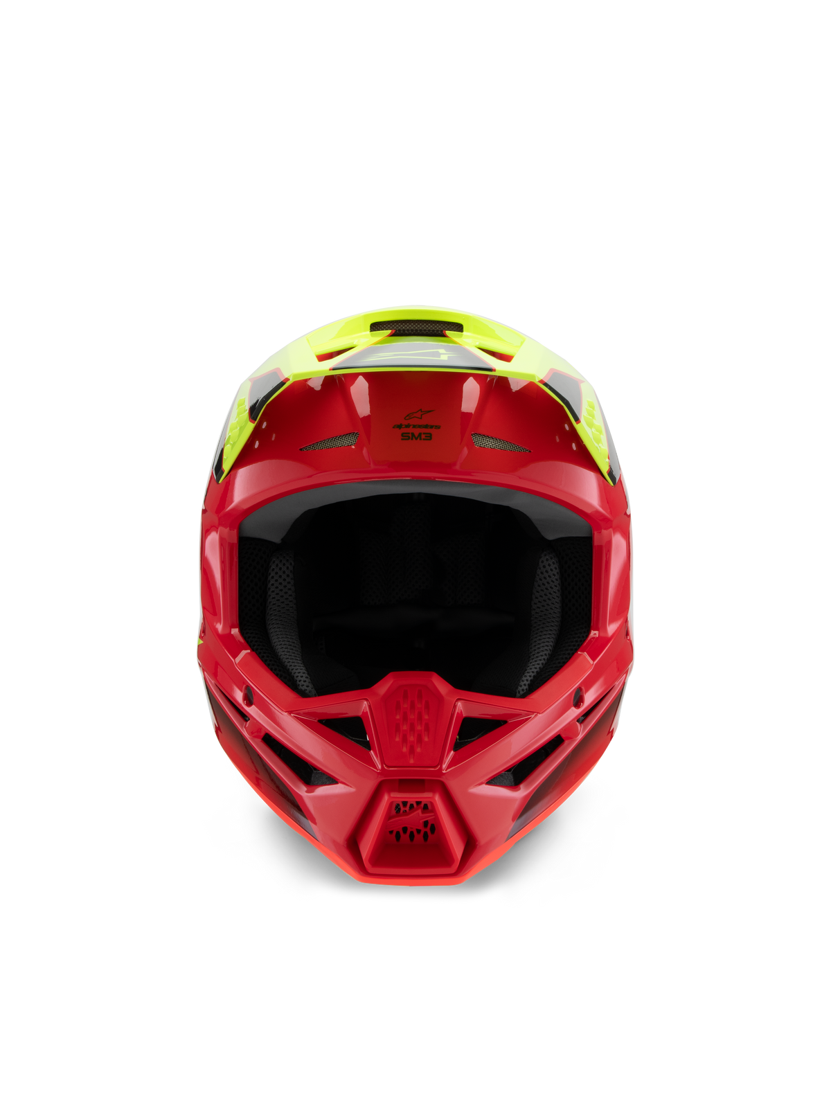 Alpinestars S-M3 Youth Fray Helmet, Motocross Helmet, Red and Yellow Fluo Glossy, front view highlighting ventilation intakes and aggressive chin bar, specialized off-road head protection for youth riders