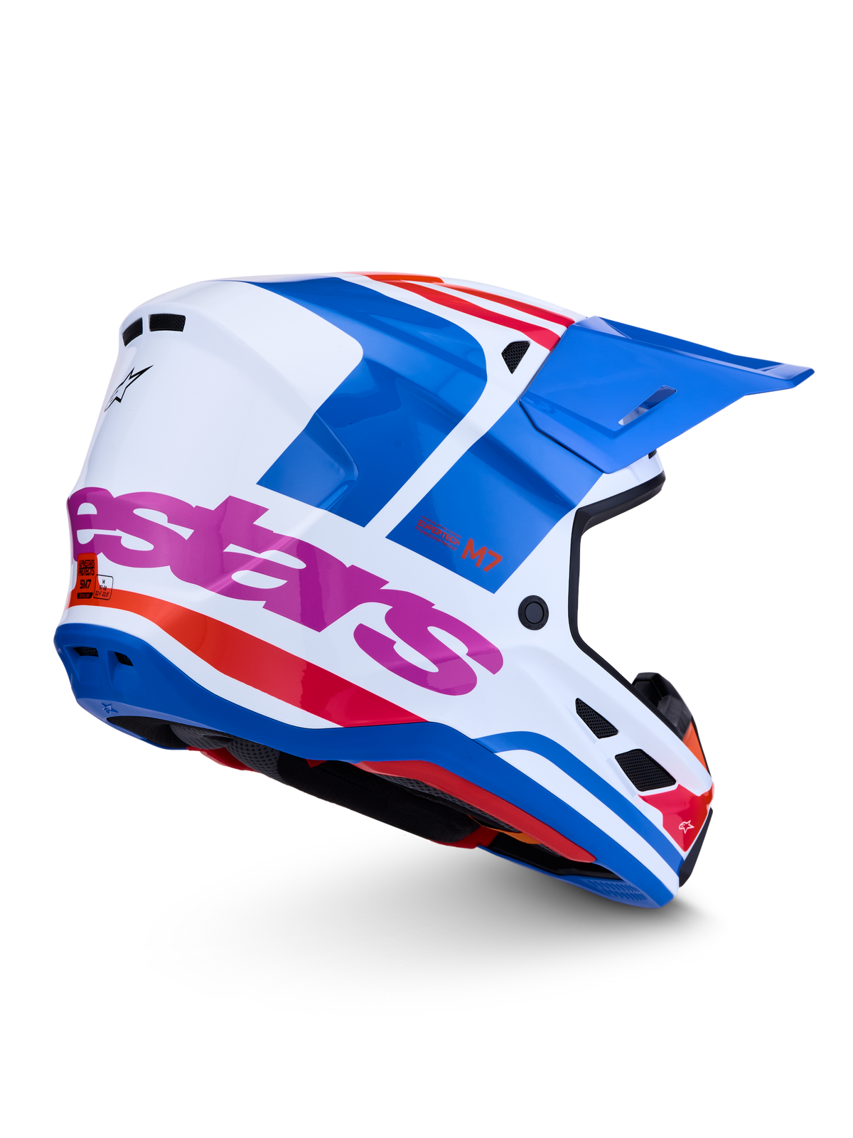 Alpinestars S-M7 Core Helmet ECE06, Glossy White and Blue Motocross Helmet with Pink accents, ECE 22.06 Certified.