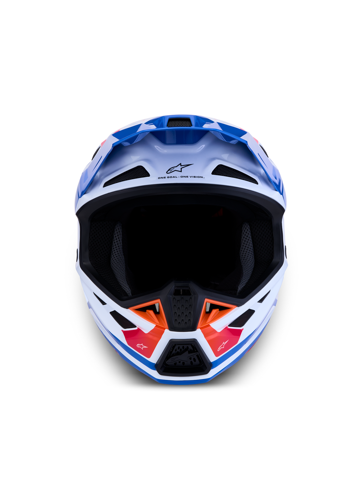 Alpinestars S-M7 Core Helmet ECE06, White and Blue Motocross Helmet with Orange accents and advanced ventilation vents.