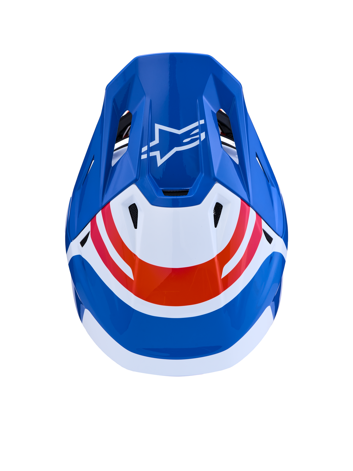 Alpinestars S-M7 Core Helmet ECE06, blue and white motocross helmet with orange accents and Astar logo, overhead view.