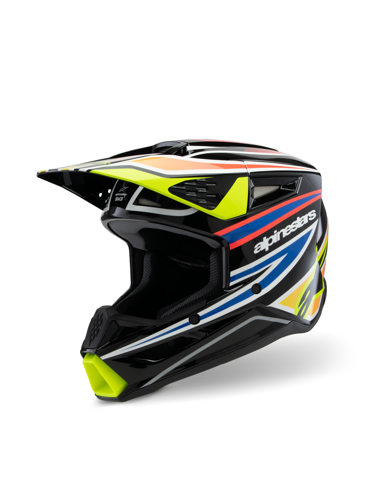 Alpinestars S-M3 Youth Wurx Helmet ECE 22.06, Motocross Helmet, Glossy Black with Fluorescent Yellow, Blue, and Red-Orange racing graphics, three-quarter view highlighting aerodynamic shell with multiple air intakes and exhaust ports, protective off-road gear for youth riders