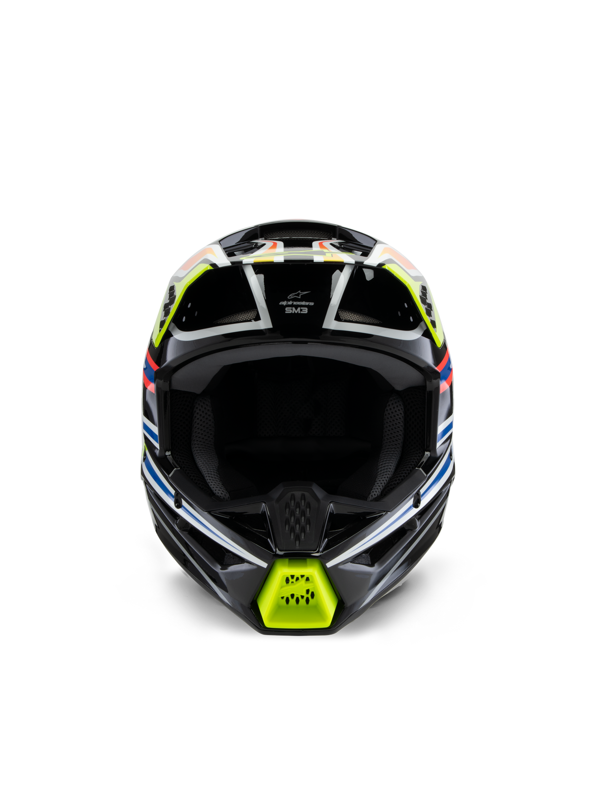 Alpinestars S-M3 Youth Wurx Helmet, Front View, Black with Fluorescent Yellow, Blue, and Red Accents, Youth Motocross Protective Gear, featuring a black base with vibrant geometric graphics, integrated ventilation ports, and a yellow chin guard, off-road racing style