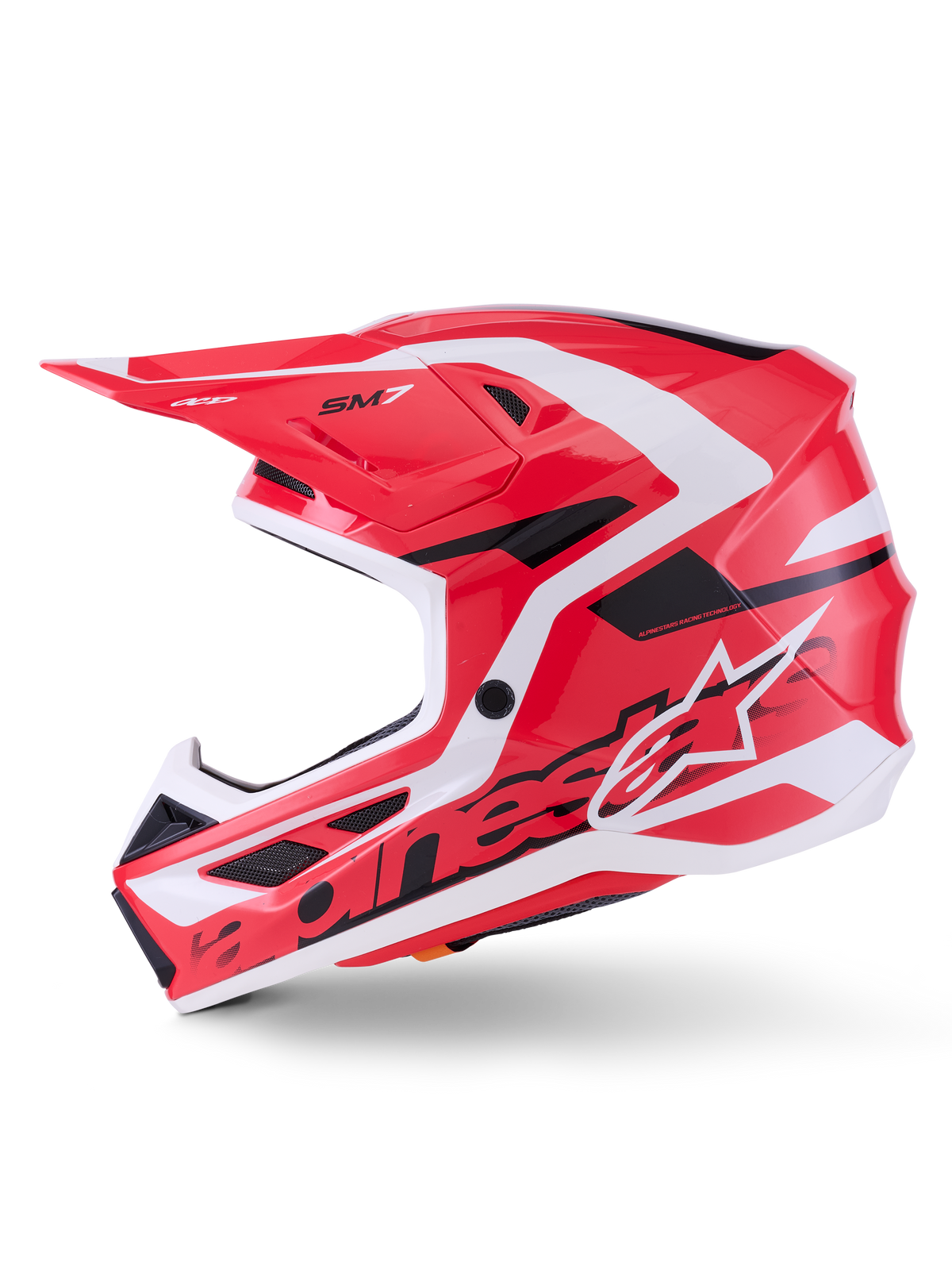 Alpinestars S-M7 Deed Helmet ECE 22.06, Motocross Helmet, Red Black and White Glossy, side profile view showing aerodynamic composite shell, ventilation ports, and Alpinestars branding, designed for off-road racing protection