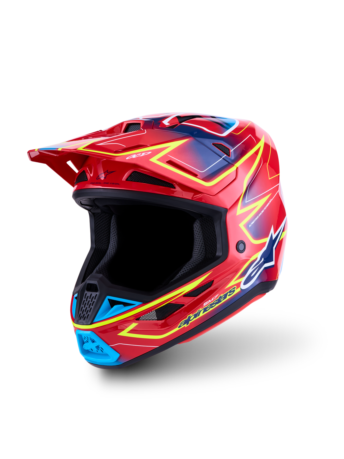 Alpinestars S-M7 Cast Helmet ECE06, Motocross Racing Helmet, Red with Fluo Yellow and Blue accents, ECE 22.06 certified lightweight composite shell for off-road performance.
