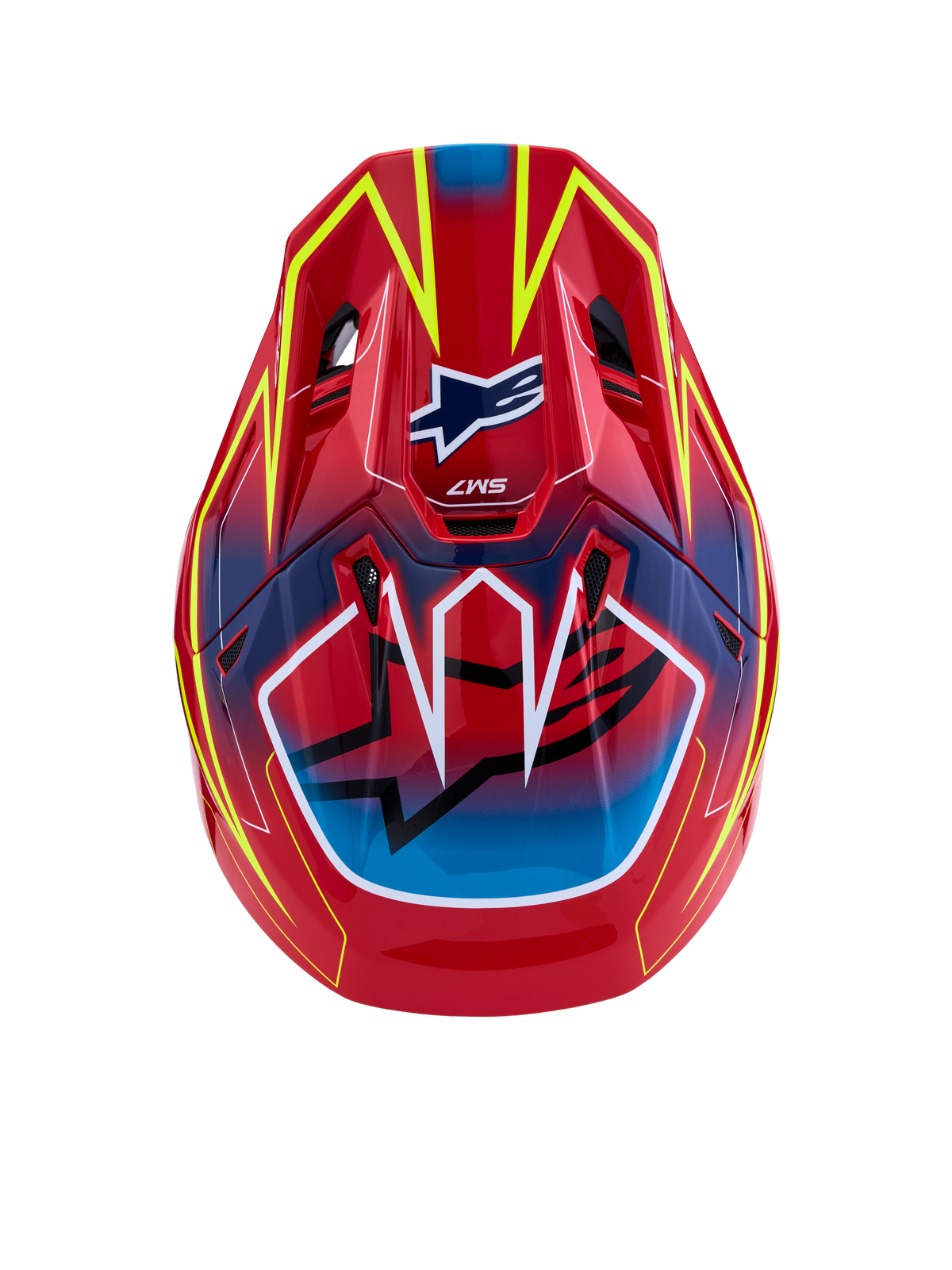 Alpinestars S-M7 Cast Helmet ECE06, Motocross Helmet, Red Yellow Fluo and Blue Glossy, ECE 22.06 certified composite, top view.