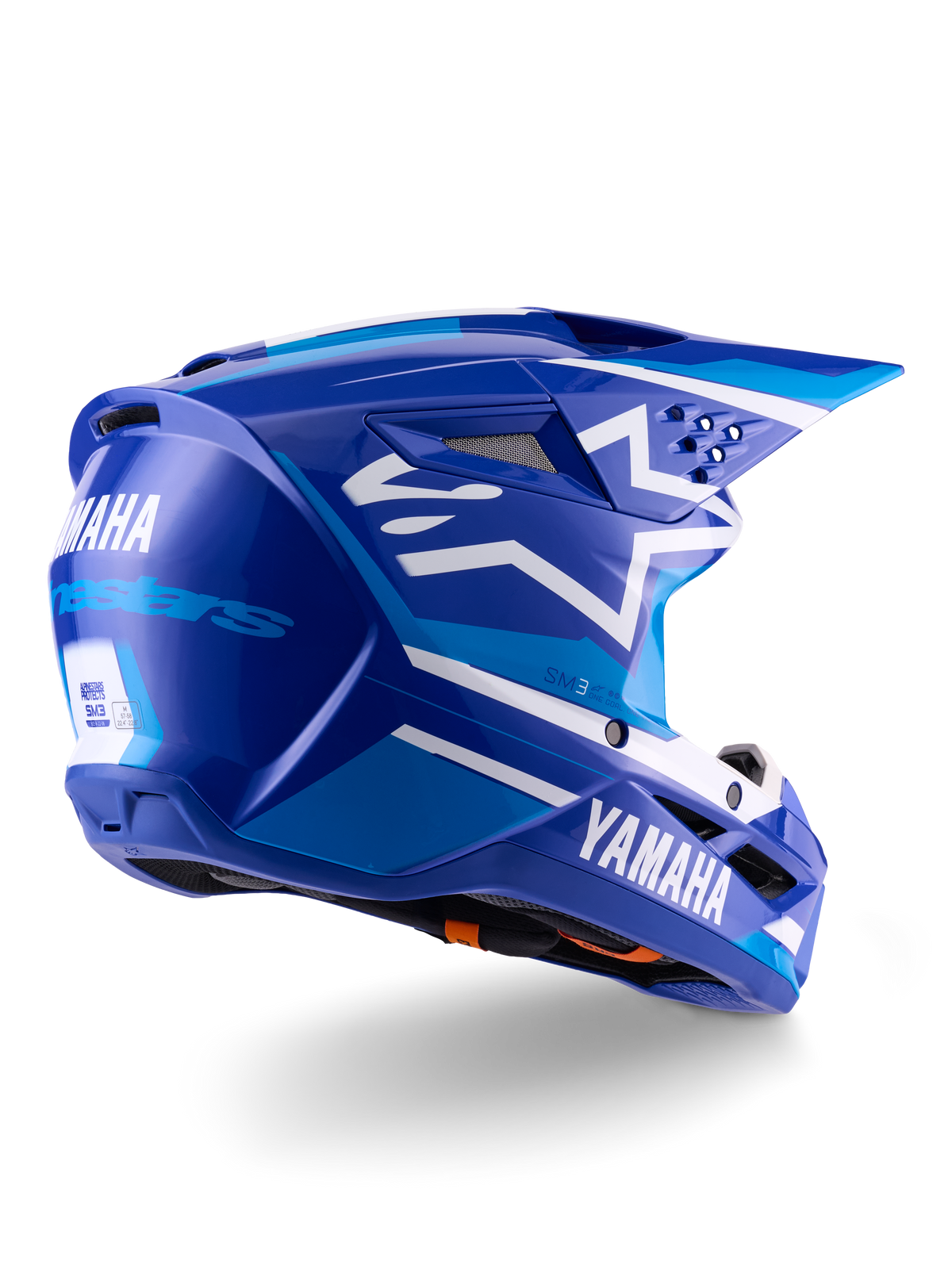 Alpinestars Yamaha S-M3 Helmet ECE 22.06, Motocross Helmet, Blue White Glossy, featuring Yamaha and Alpinestars branding, white star logo on the side, multiple intake and exhaust vents, aerodynamic design for off-road performance