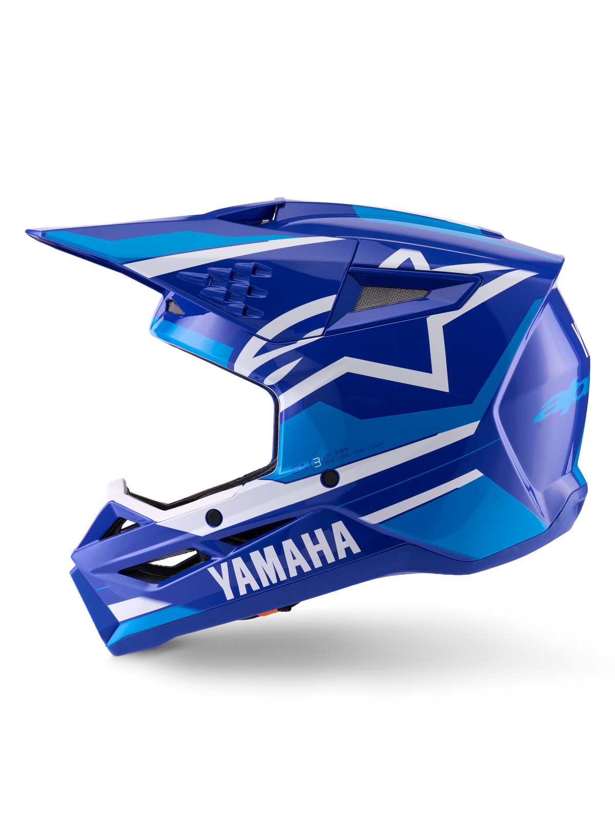 Alpinestars Yamaha S-M3 Helmet, Motocross Helmet, Blue and White Glossy, side profile view featuring Yamaha branding on the chin guard and Alpinestars star logo, aerodynamic shell with ventilation ports for off-road racing