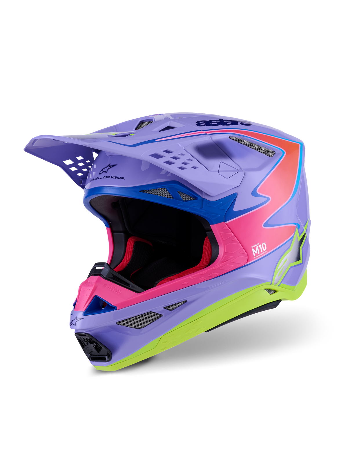 Alpinestars Supertech M10 Jett Lawrence R01 Helmet, Motocross Helmet, Purple Pink and Fluorescent Yellow Gloss, aerodynamic design with multi-composite carbon shell, multiple ventilation ports, and vibrant racing graphics for off-road performance
