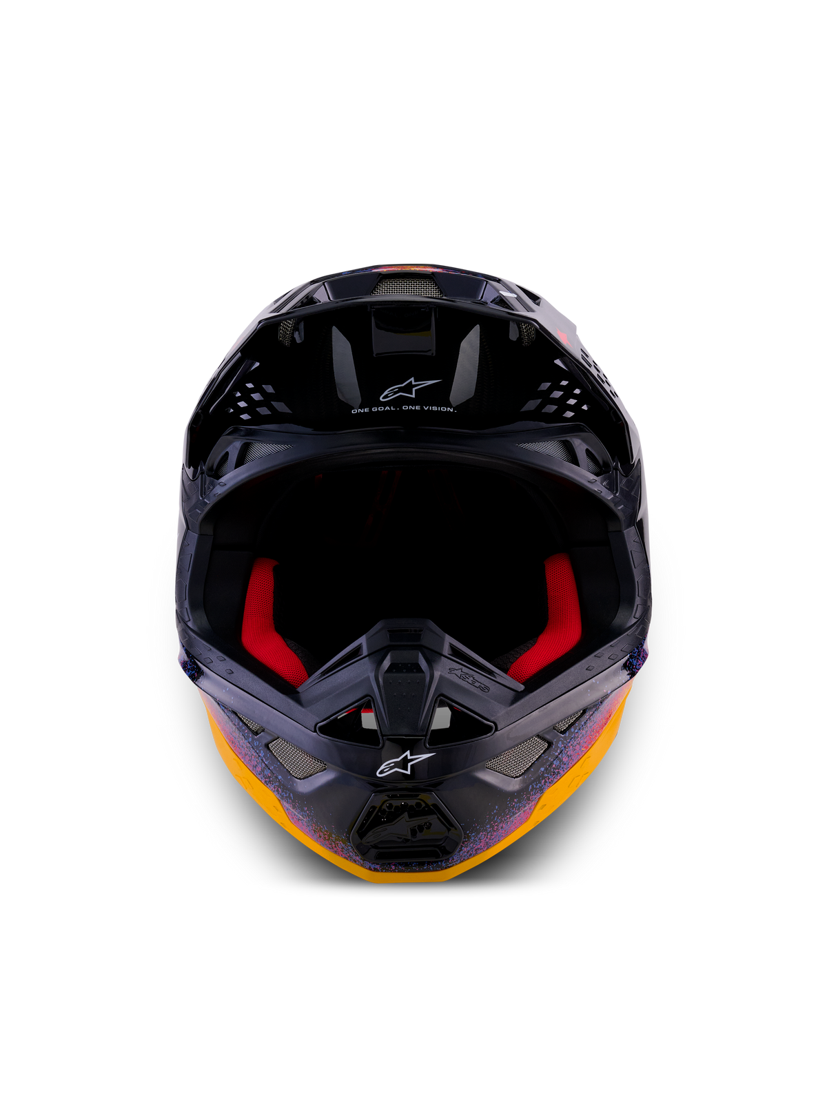 Alpinestars Limited Edition Supertech M10 Black Hole Helmet, Motocross Helmet, Black Burst Glossy with vibrant orange and purple galactic graphics, front view showing red interior padding and ventilation ports