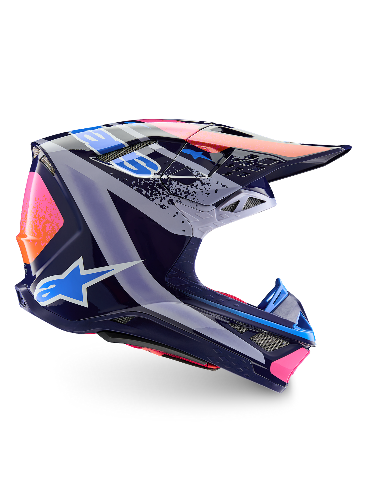 Alpinestars Limited Edition Supertech M10 Records Helmet, Motocross Helmet, Multicolor Glossy, featuring a navy blue base with vibrant pink, orange, and light blue Records graphics, side profile view showing the aerodynamic shell, visor, and ventilation ports.