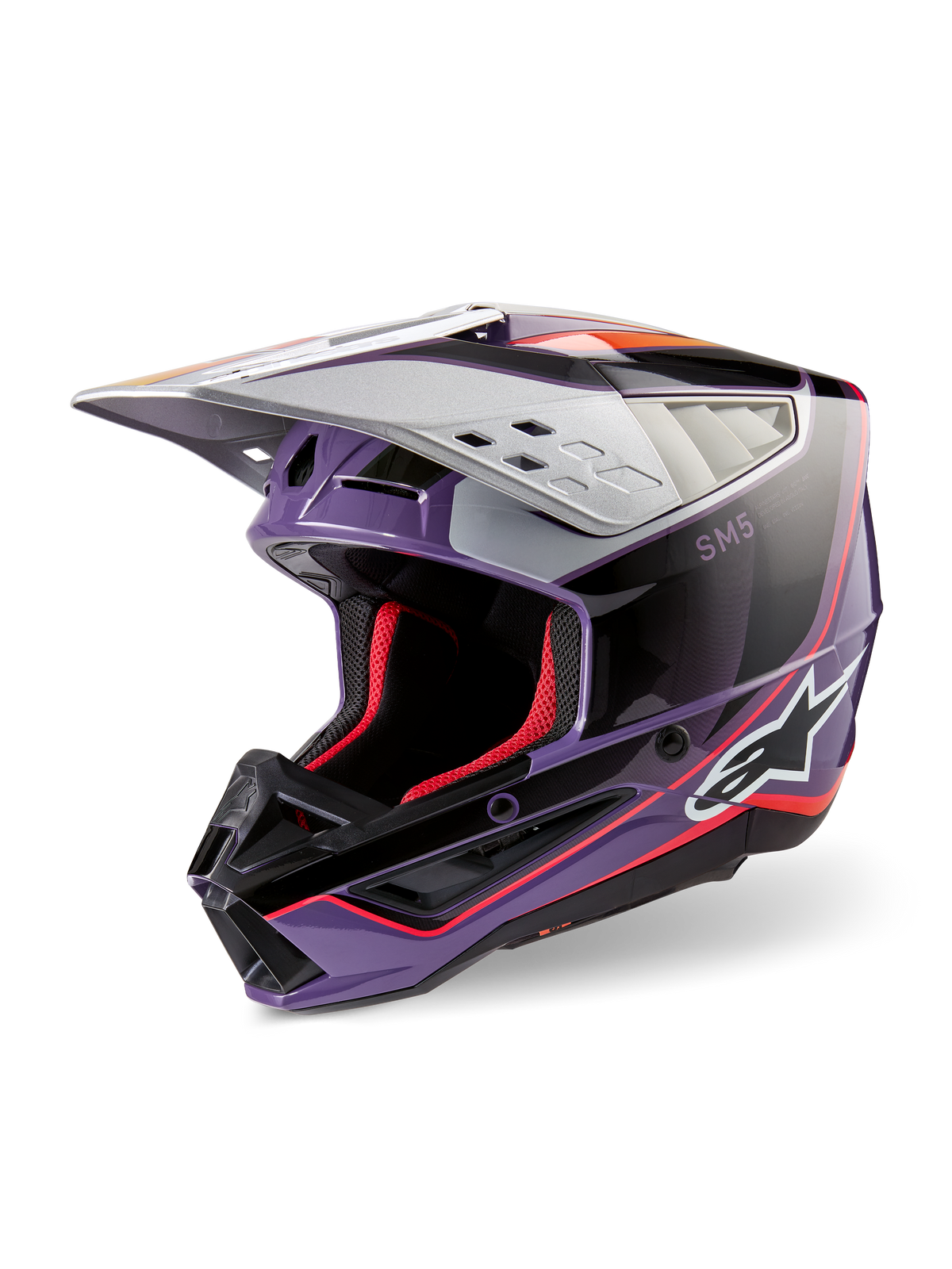 Alpinestars S-M5 Sail Helmet ECE, Motocross Helmet, Violet Black and Silver Glossy, featuring red interior padding and accents, glossy finish with bold Alpinestars logo, aerodynamic silver visor, professional off-road protective gear