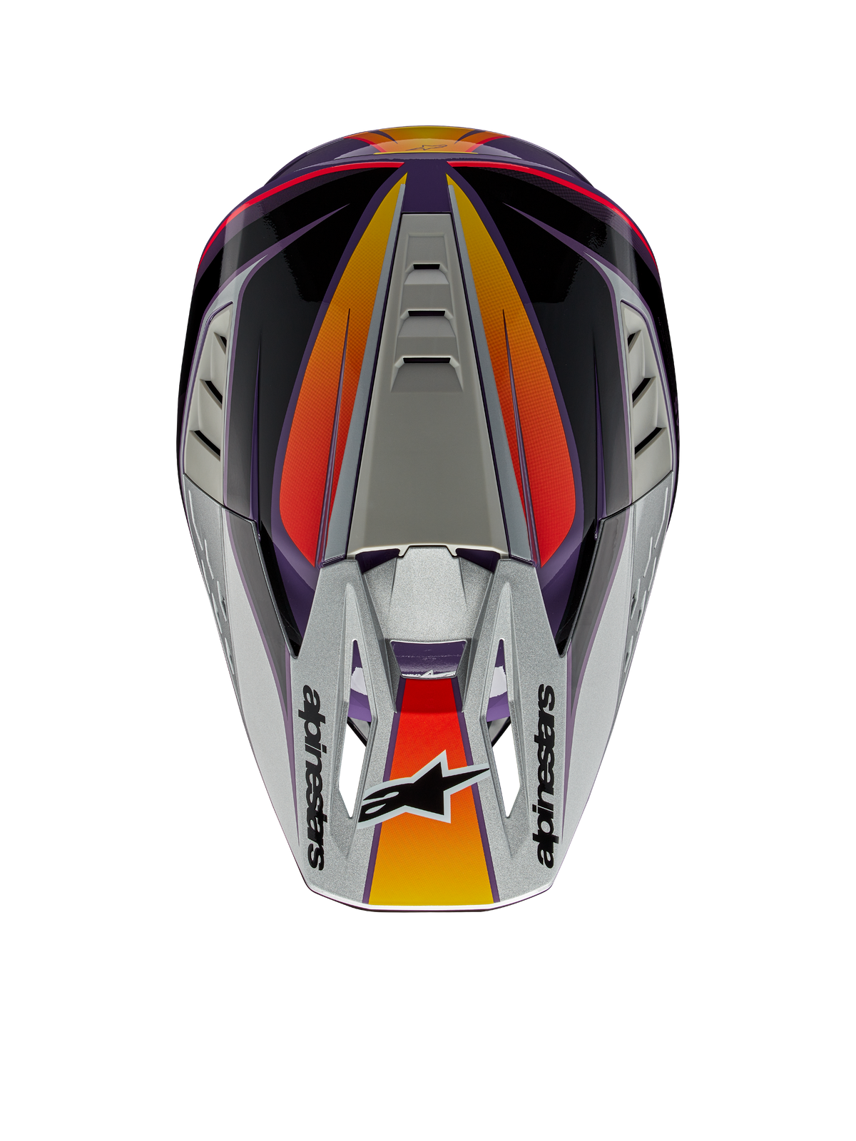 Alpinestars S-M5 Sail Helmet ECE, Motocross Helmet, Violet Black and Silver Glossy, top view showing silver peak with Alpinestars logo, orange and red gradient accents, streamlined shell with ventilation ports, high-performance off-road head protection