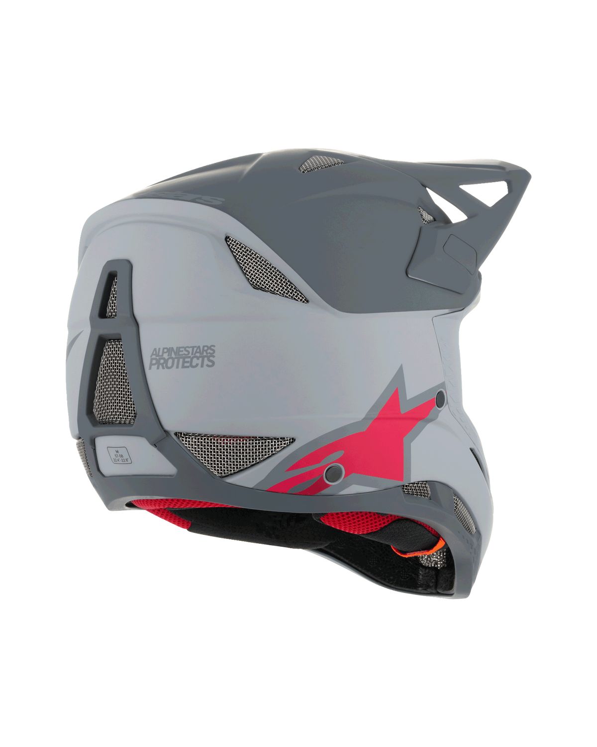 Alpinestars Missile Tech Racer Helmet, Full Face MTB Helmet, Light Gray and Dark Gray Matt with red star logo, rear-side view showing ventilation mesh and streamlined profile, downhill cycling protection