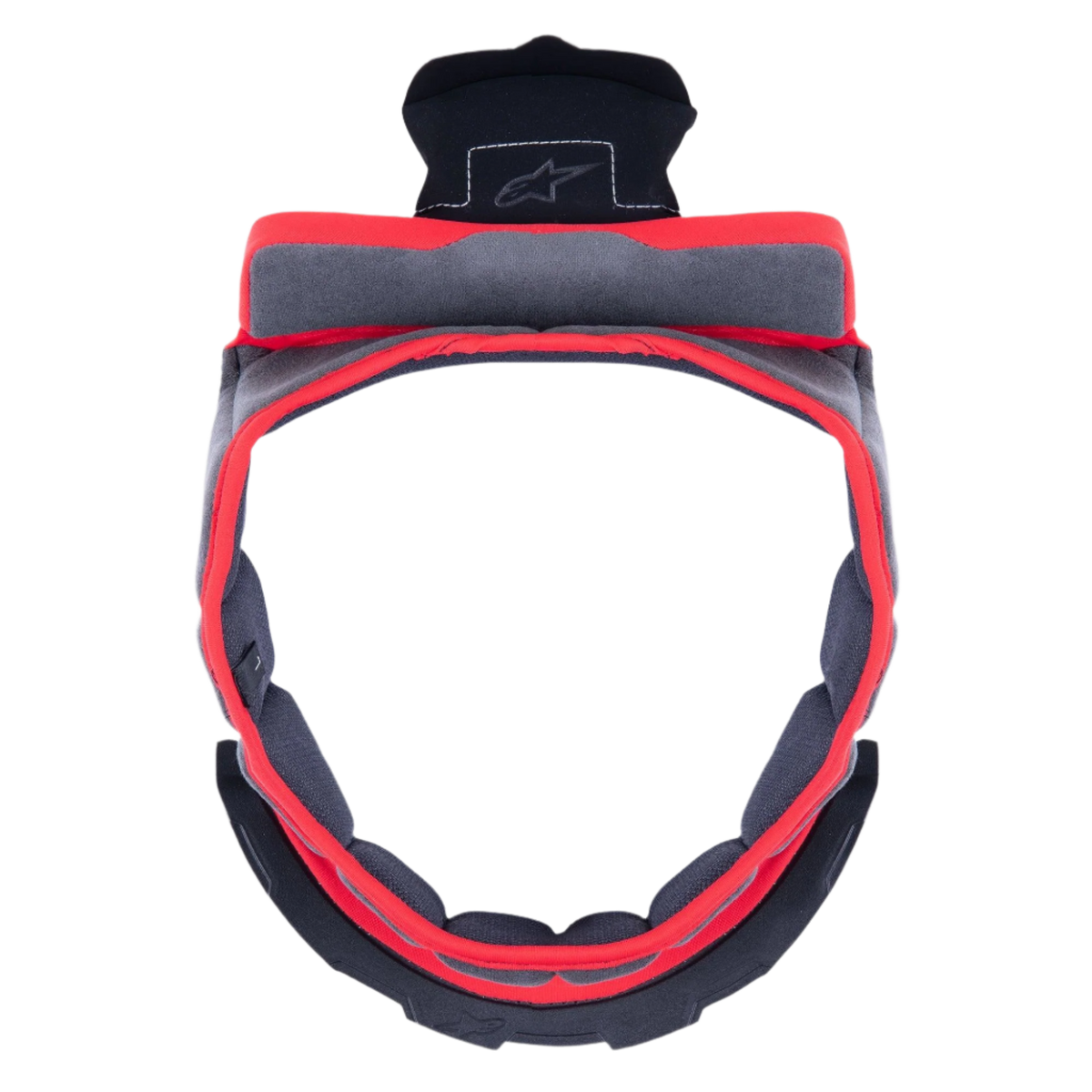 Alpinestars Supertech R10 Crown Pad, Gray replacement helmet interior padding, circular shape with red trim and gray fabric, featuring black plastic attachment components with the Alpinestars logo, designed for motorcycle helmet comfort and fit customization.