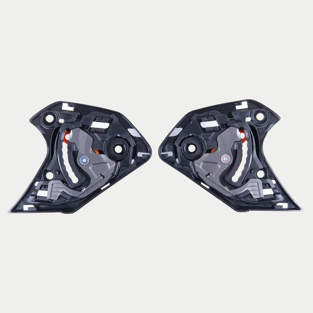 Alpinestars Supertech R10 Shield Mechanism, Helmet Accessory, Black, pair of replacement visor mechanisms for S-R10 helmets, intricate black plastic components with visible metal and orange mechanical parts, essential hardware for helmet shield operation.