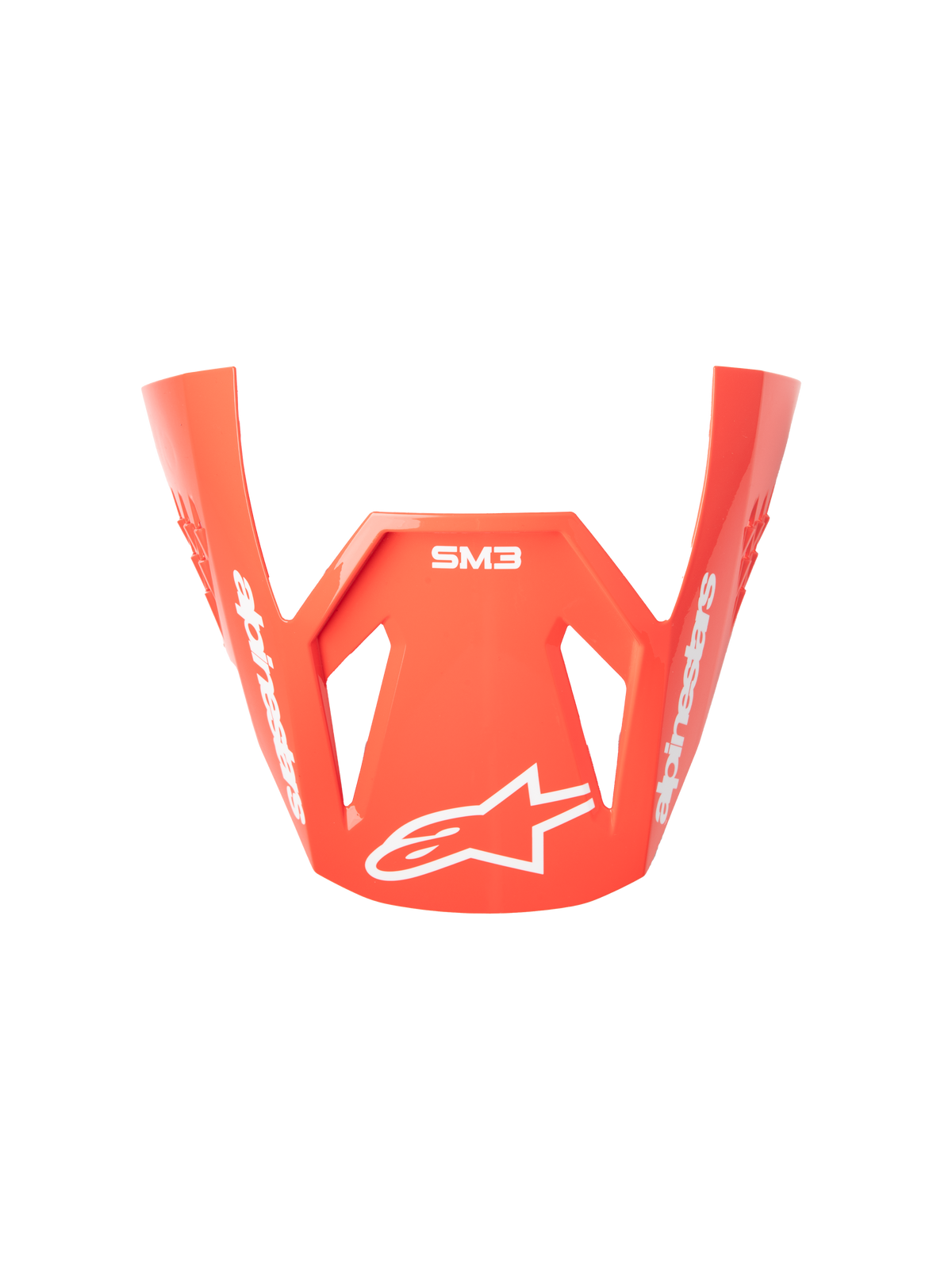 Alpinestars S-M3 Radium Helmet Visor, Motorcycle Racing Helmet Peak, Red Fluo, Glossy Finish, featuring white Alpinestars branding and star logo, angular aerodynamic design for off-road motocross use