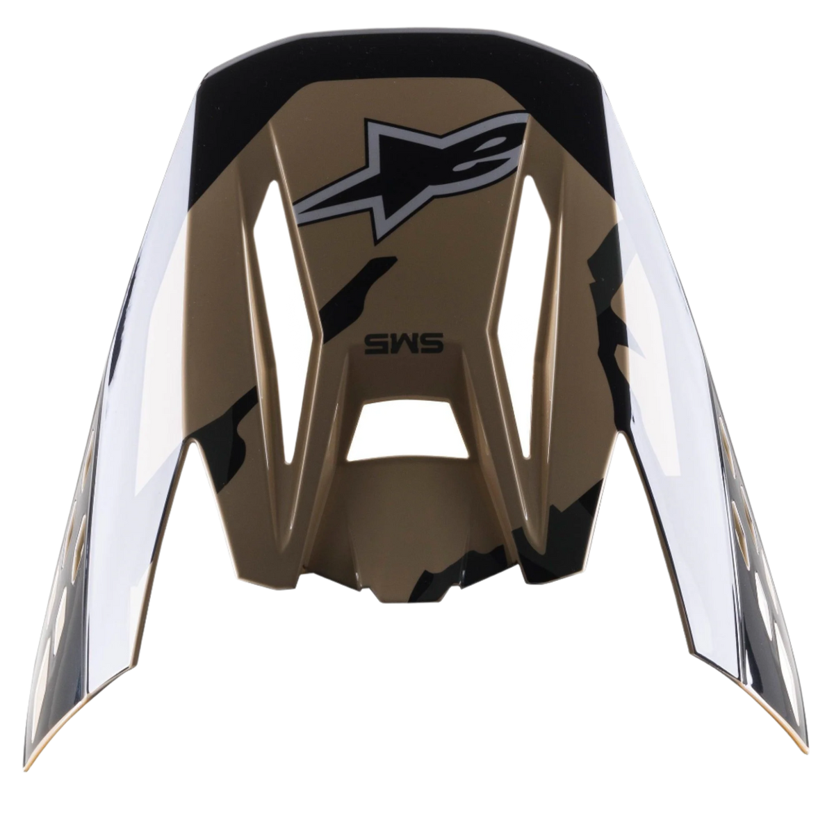 Alpinestars S-M5 Rover Visor, Replacement Helmet Peak, Sand Tangerine Camo Glossy, brown base with black camouflage accents, featuring Alpinestars logo and SM5 branding, angular design for motocross helmets