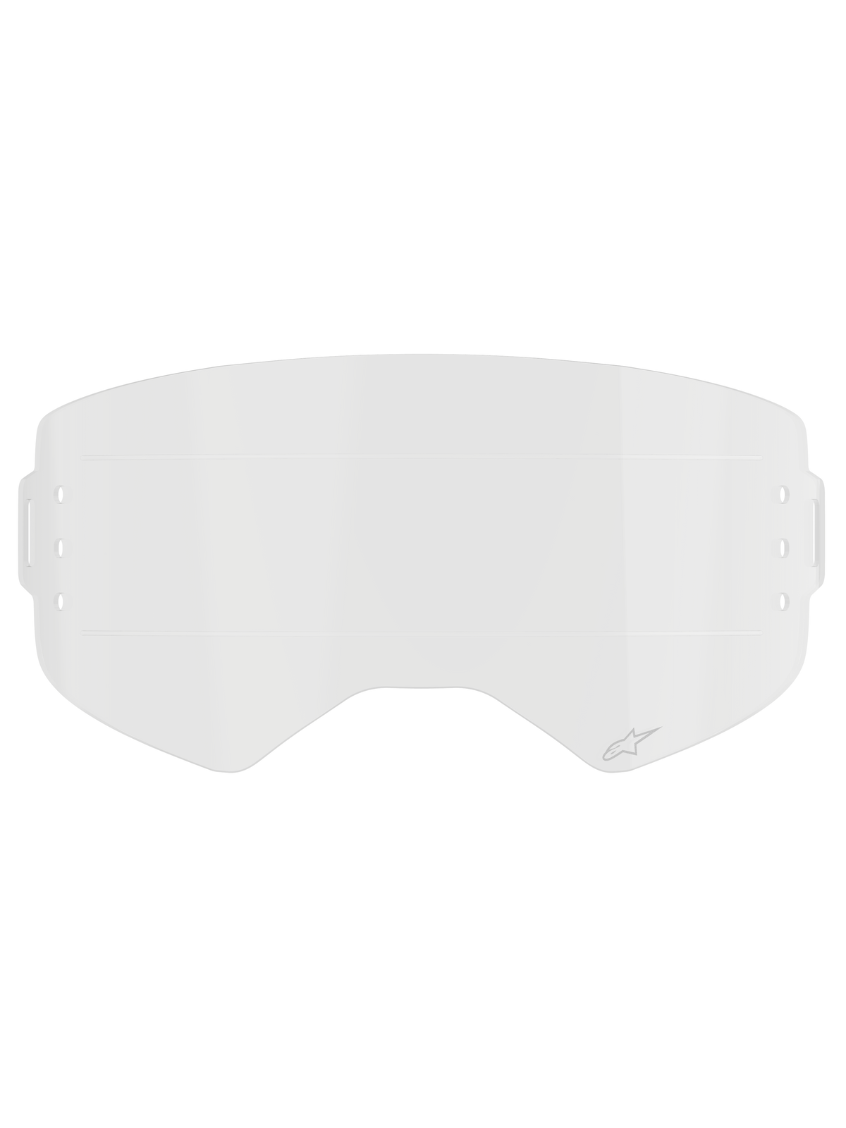 Alpinestars Supertech Roll Off Film, Clear Replacement Goggle Lens, transparent injection-molded polycarbonate with horizontal Glide Lines, featuring subtle Alpinestars logo, designed for motocross roll-off systems