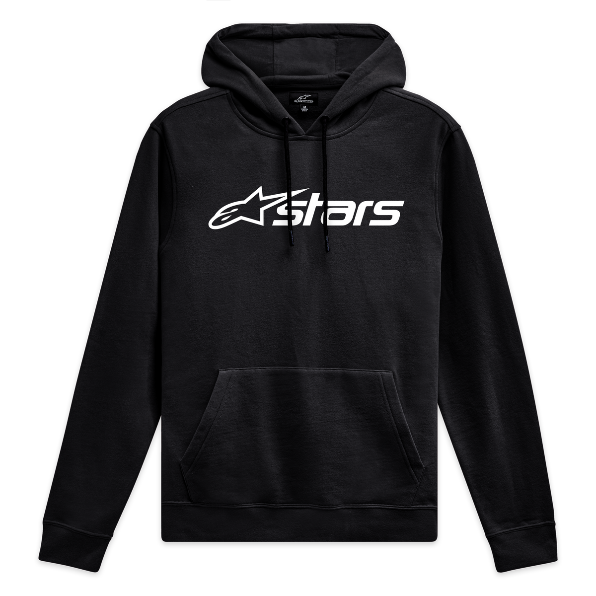 Alpinestars Blaze V3 Hoodie, Black and White Sportswear Pullover, featuring a front Blaze 2.0 logo print, jersey-lined hood, and rib cuffs