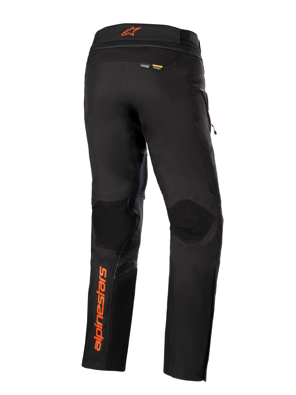 Alpinestars AMT-10R Drystar® XF Pants, Black with orange accents, rear view showing vertical orange Alpinestars logo on the left leg, textured knee panels, and Kevlar and Matryx branding, technical adventure touring motorcycle pants.