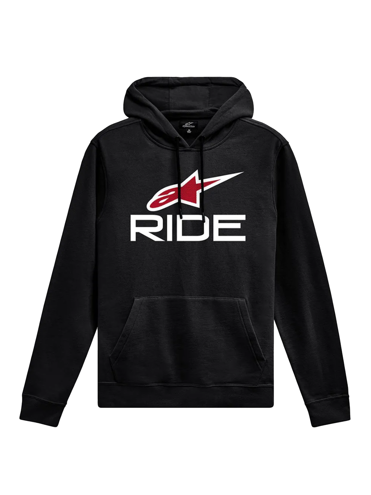Alpinestars Ride Hoodie V 3, casual sportswear, black with white RIDE text and red star logo, kangaroo front pocket, drawstring hood, ribbed cuffs and hem, motorsport-inspired design