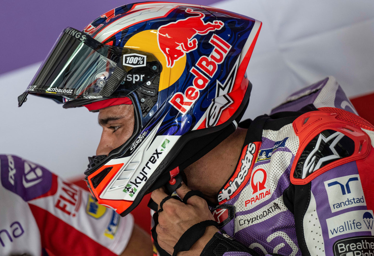 Jorge Martin in the paddock wearing full Alpinestars gear