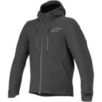 Alpinestars Domino Tech Jacket, Urban Motorcycle Jacket, Black, featuring a fixed hood with drawstrings, central front zipper, dual vertical chest zippers, and adjustable cuff straps, subtle gray Astar logo on left chest, technical softshell design for road riding